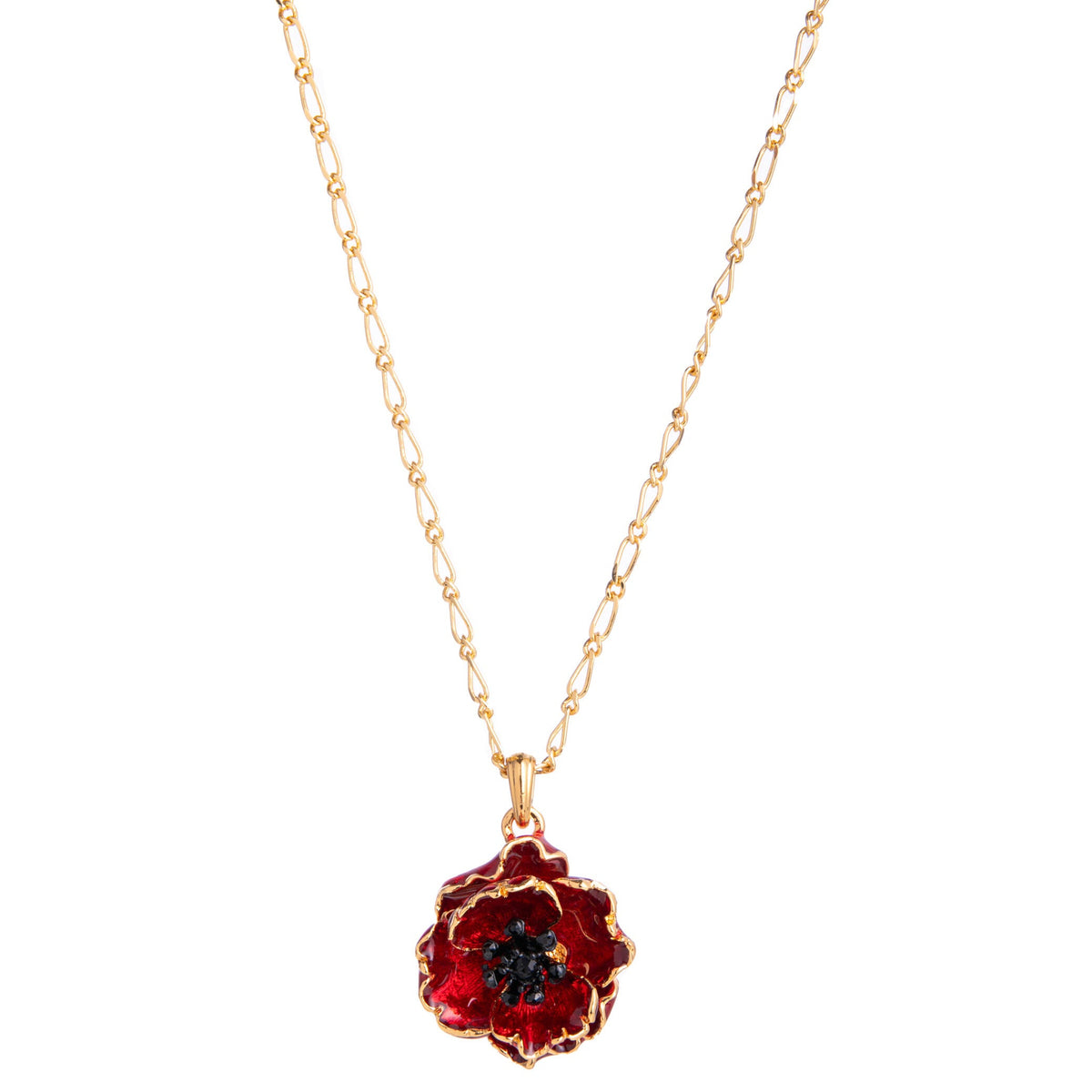 Necklace with a red poppy pendant on a white background