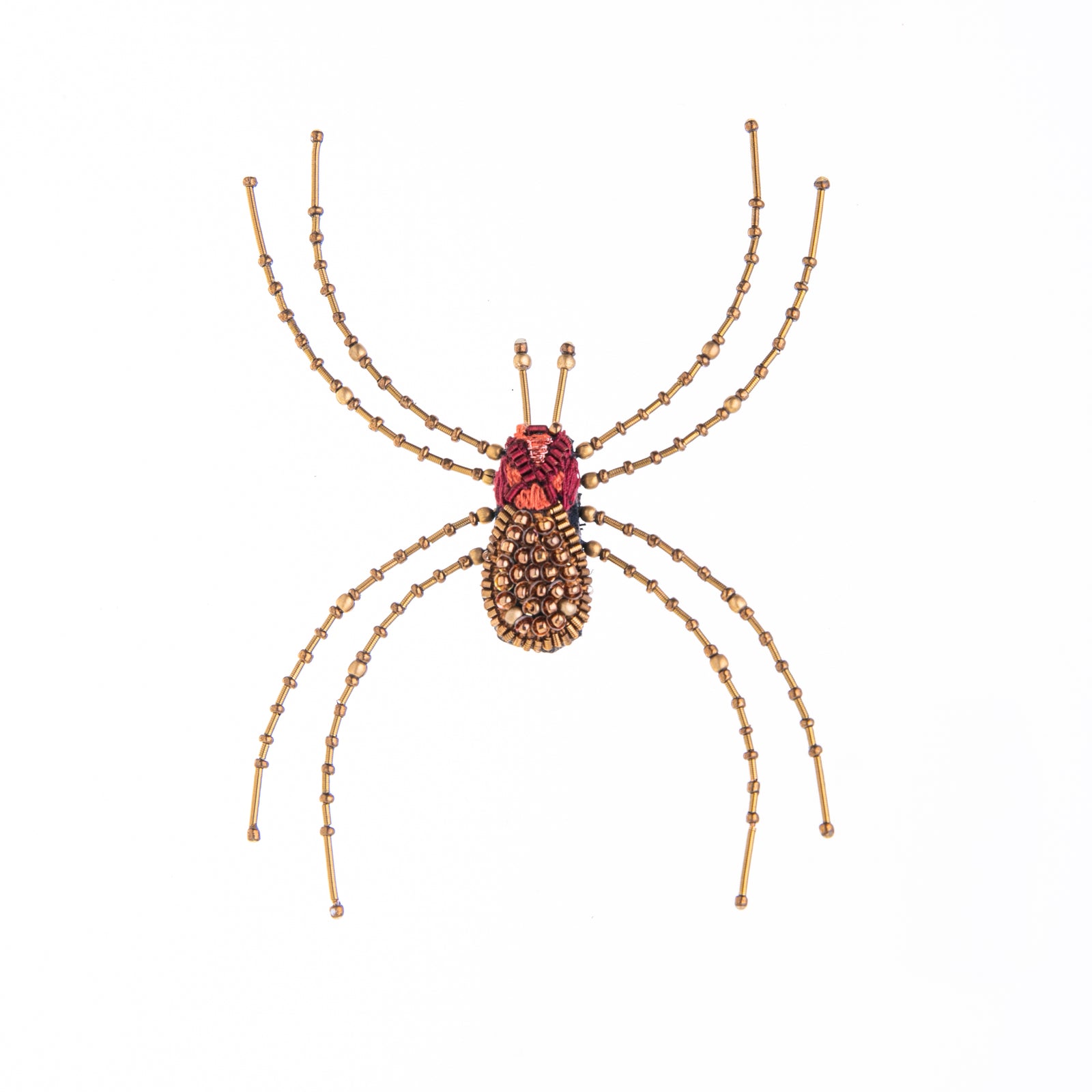 This amazing arachnid is more delight than fright! Hand crafted with extraordinary attention to detail, using sequins, beads, metal, embroidery and felt. Add to your favorite little black dress or jacket for a colorful, elegant touch of drama. Dimensions: 4.25" L x 3.5" W Material: Cotton, Felt, Metal, Sequins & Beads.