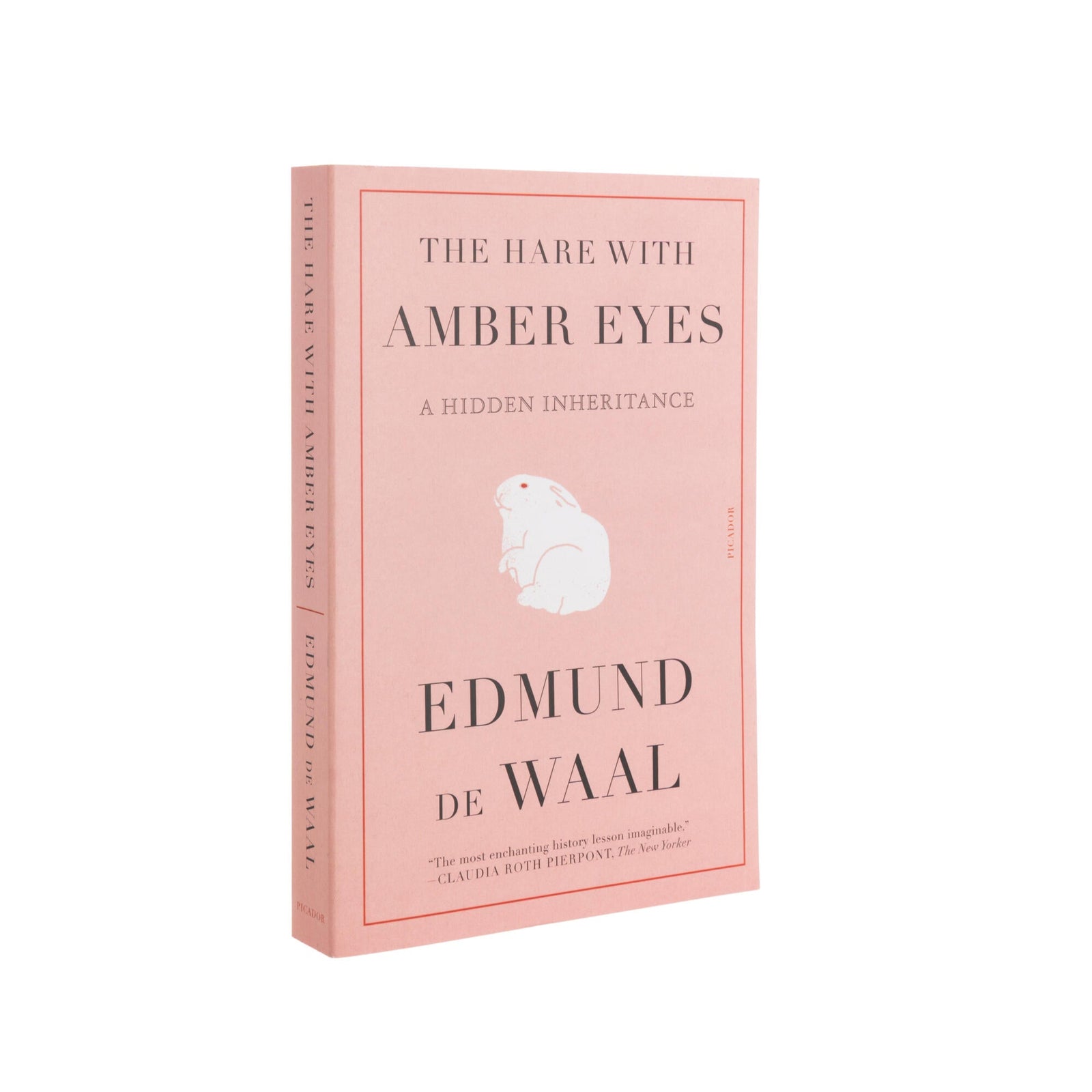 Book titled 'The Hare with Amber Eyes' by Edmund de Waal on a white background