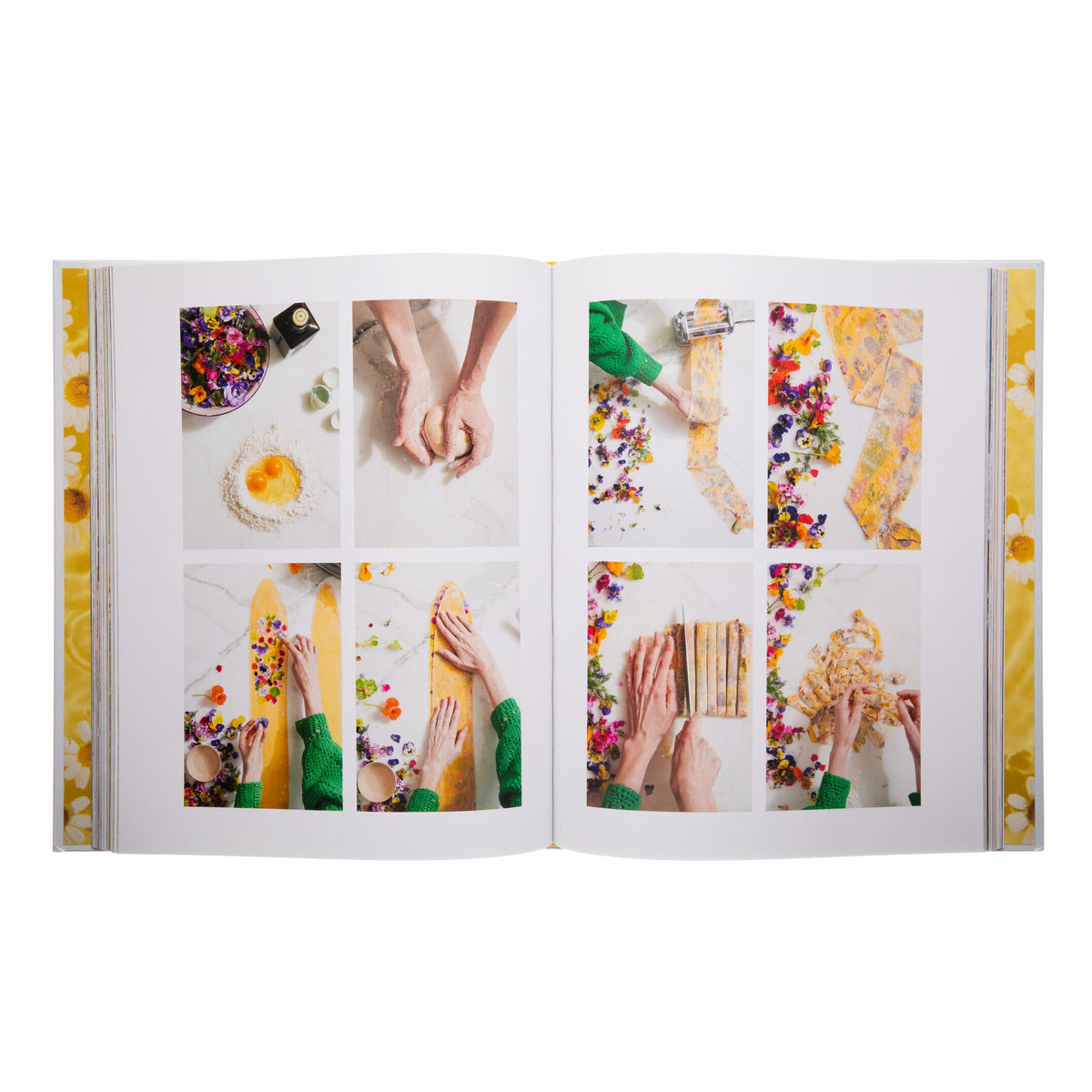 Open book showing a series of photos with hands working on a craft or food preparation project.