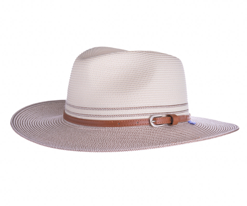 Classic design with a two-tone twist in this fedora style hat. This hat protects from the sun, while serving as a fun accessory to any outfit. Faux leather band. UPF 50+ fabric blocks 97.5% of ultraviolet rays. Packable Crown size: Medium - 22" Inner drawstring adjusts fit.