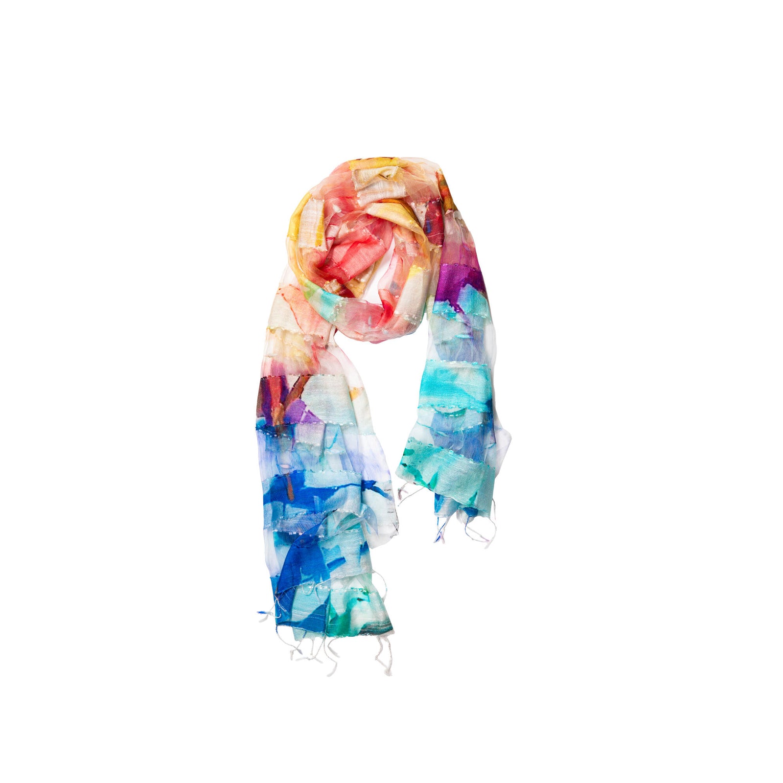 A colorful, abstract digital daisy print adorns this modal blend scarf, featuring woven sheer striped panels that add a delicate, airy touch, vibrant charm and playful elegance. Perfect for adding a dramatic and colorful finishing touch to your summer evening outfits. Material: 30% modal, 70% polyester Dimensions: 27.5" x 71" Dry clean only