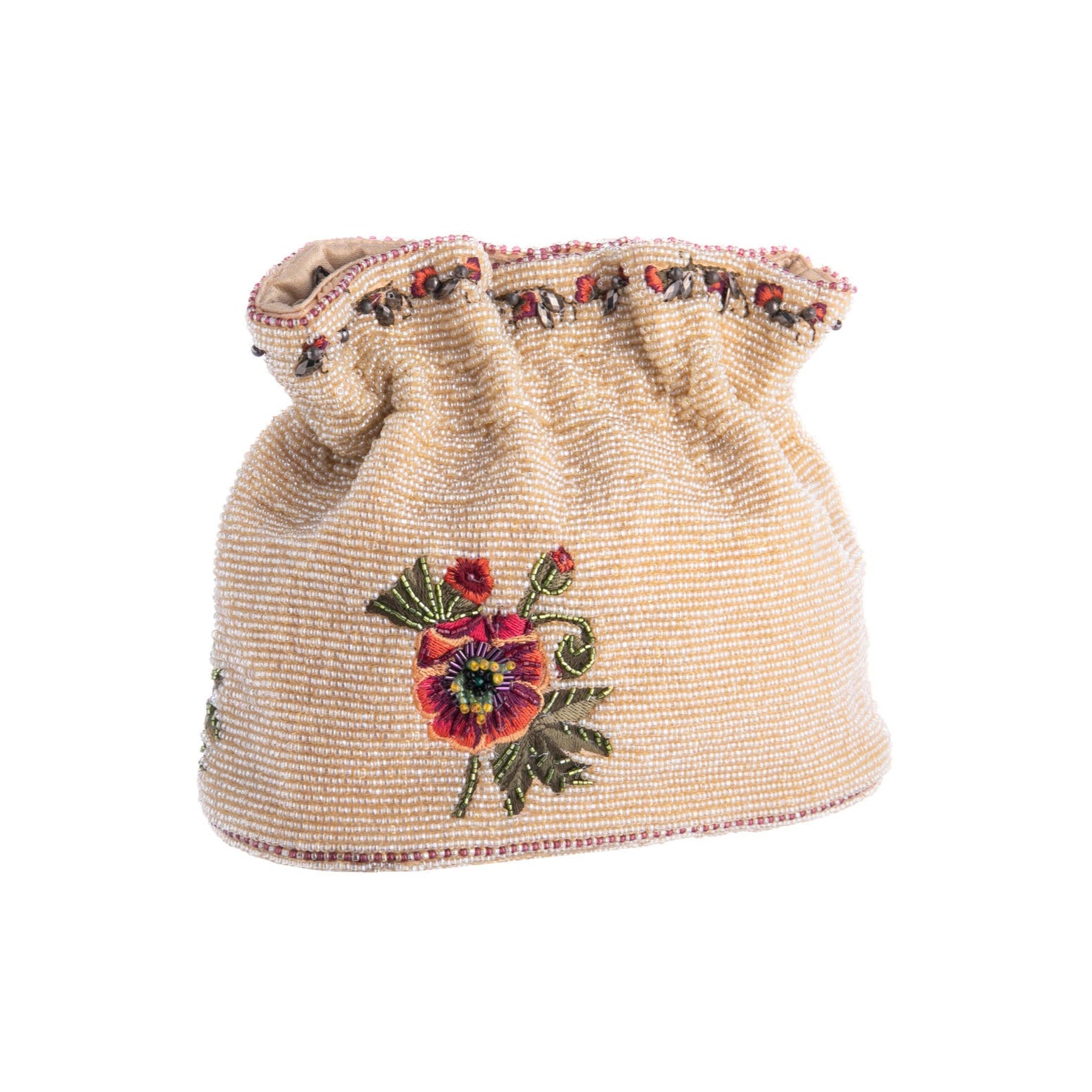 Rich red poppies in full bloom are brought to life in exquisite detail on this fully hand-beaded and embroidered purse. It's soft shape and removable golden chain strap with natural Prehnite gemstone accents make it a strikingly elegant accessory, inspired by the beauty of nature. The purse can be worn as a clutch, or as a shoulder bag.