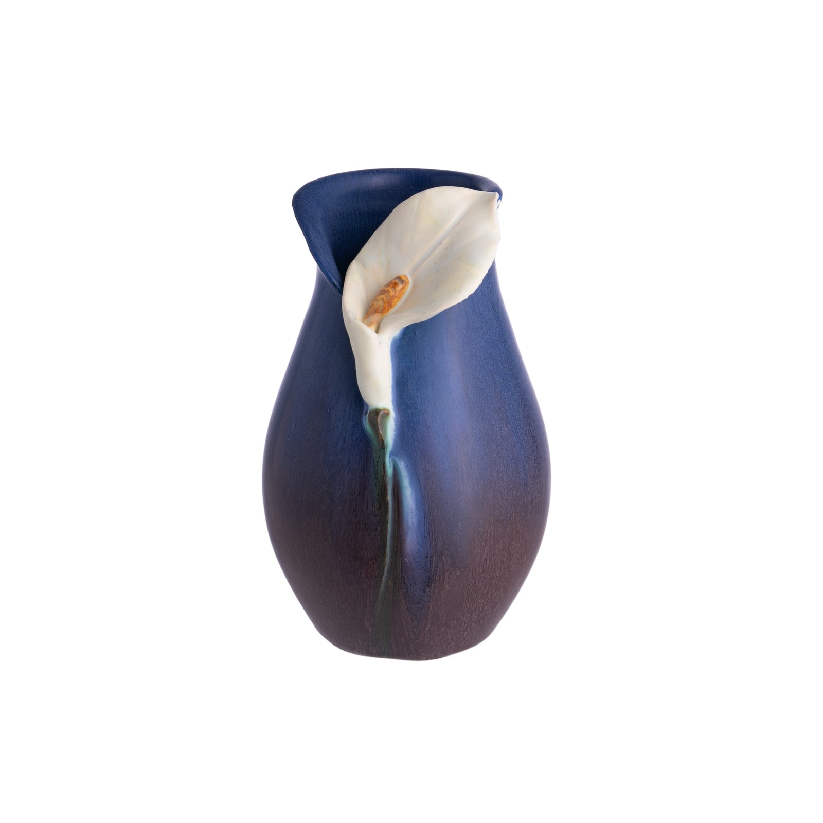 Blue ceramic vase with a white Calla Lily flower design on a white background