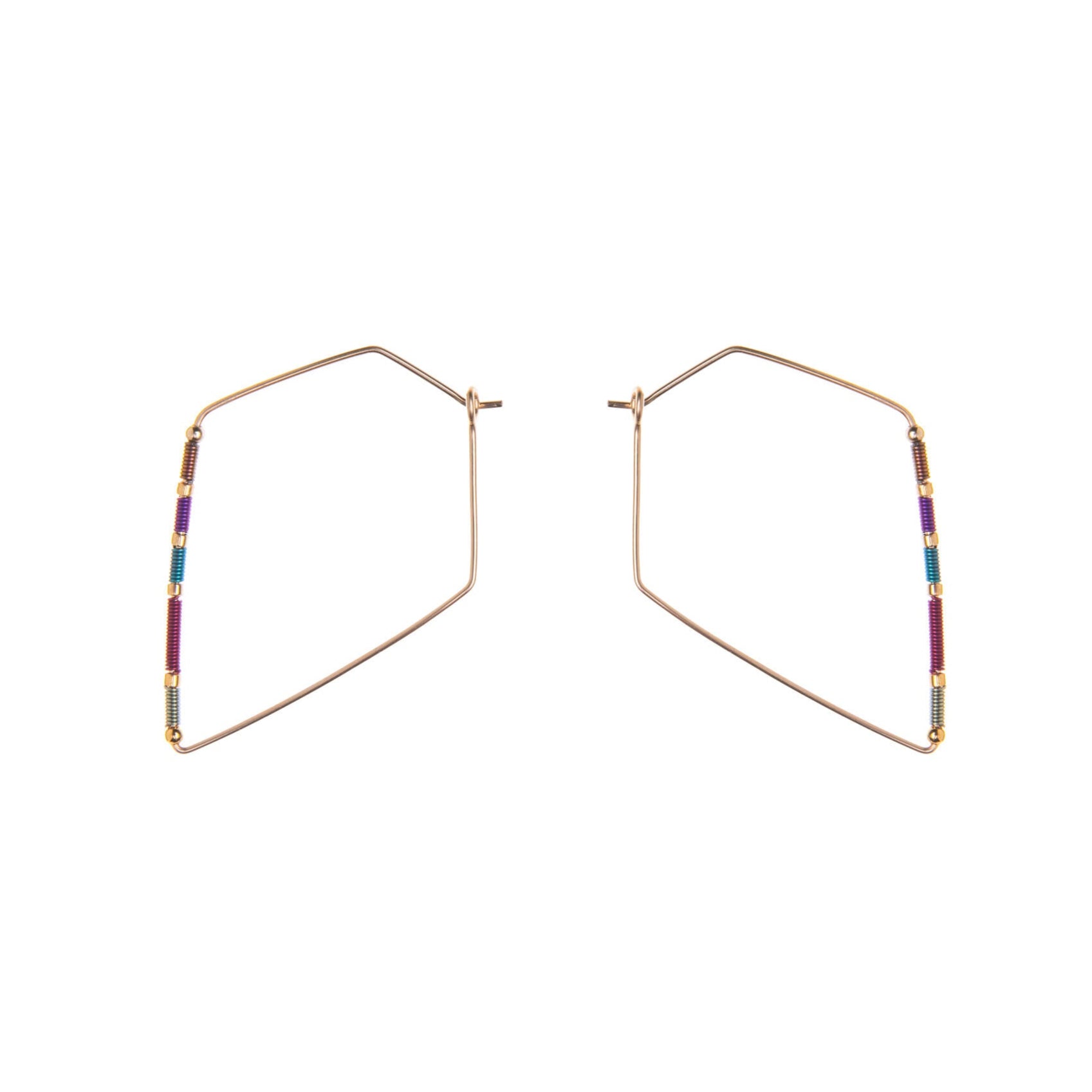 Hexagonal hoop earrings with colorful beads on a white background
