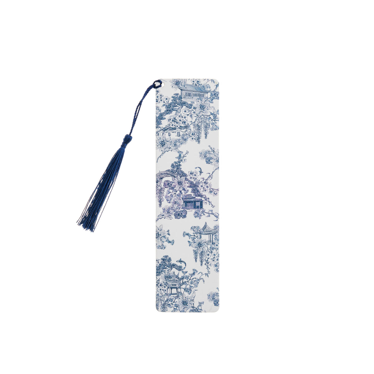 This delightful bookmark features our exclusive Asian Gardens toile print and is trimmed with a deep blue tassel. Originally a French design style, &#39;Toile de Jouy&#39; prints featured intricate, repeating patterns of scenes or vignettes depicting pastoral or historical themes. 