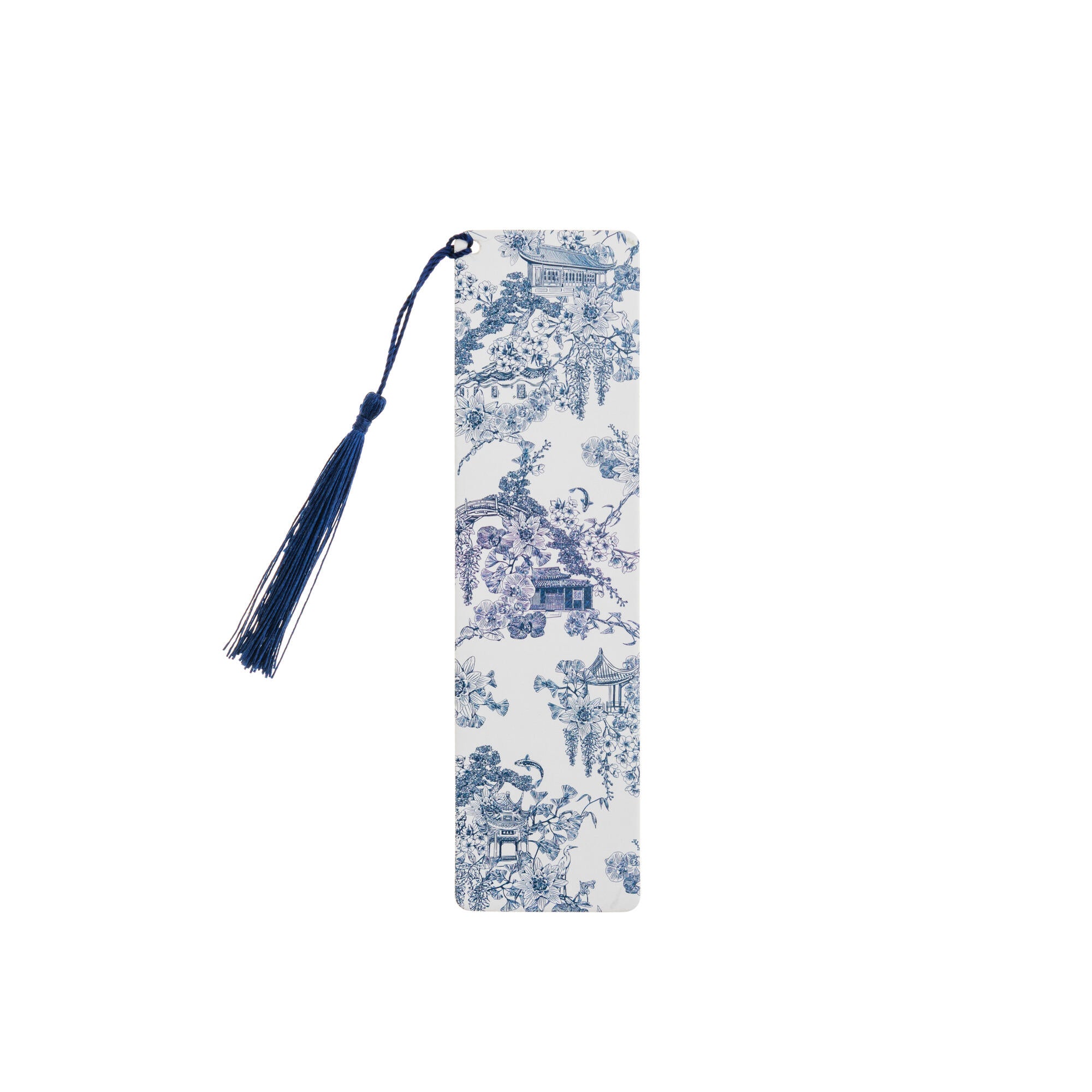 This delightful bookmark features our exclusive Asian Gardens toile print and is trimmed with a deep blue tassel. Originally a French design style, 'Toile de Jouy' prints featured intricate, repeating patterns of scenes or vignettes depicting pastoral or historical themes. 