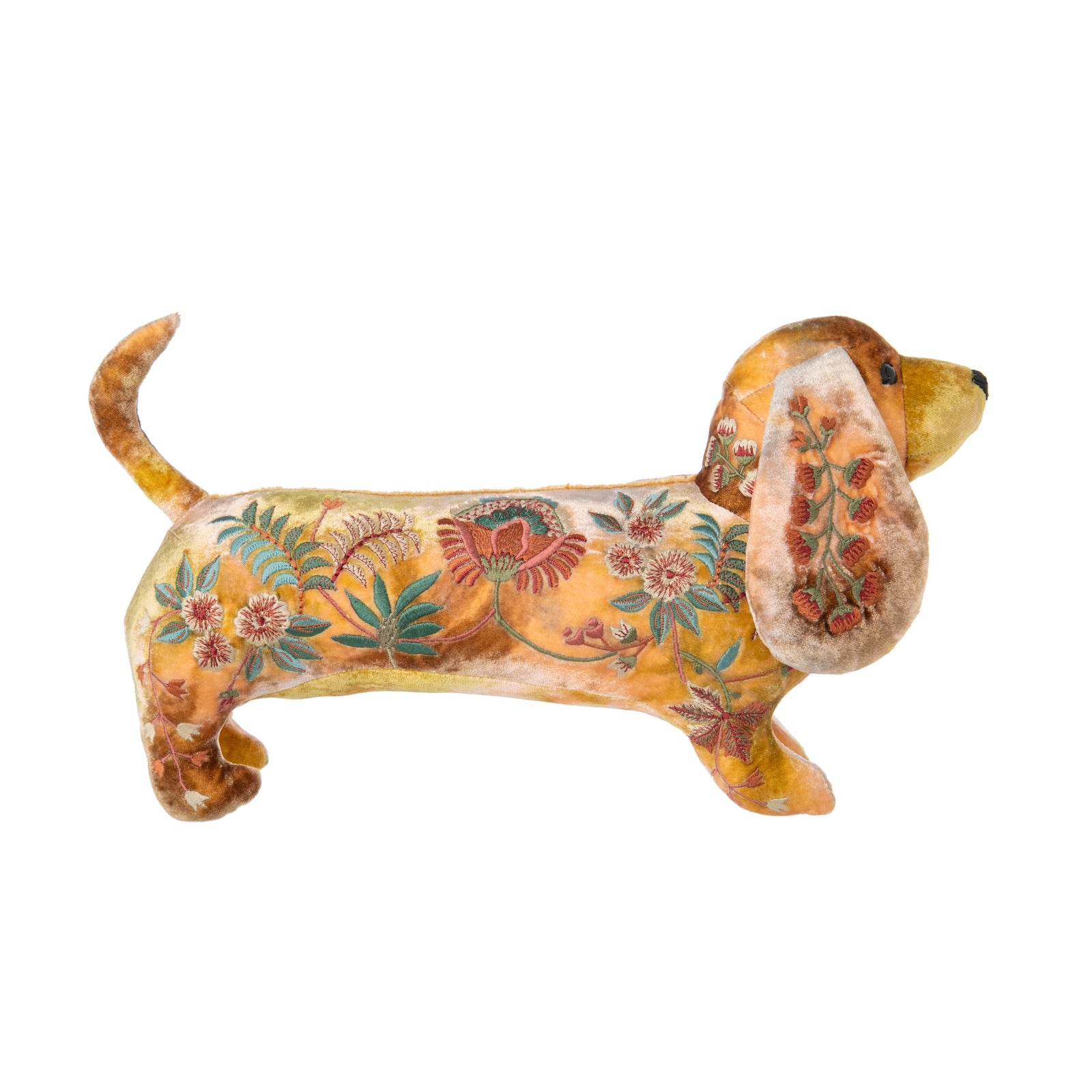 Add a little luxurious cute-ness to your life with this richly embroidered silk velvet Dachshund. This pretty pup works as either a home-decor piece or finishing touch to a baby's nursery. By Anke Drechsel, a German textile designer and internationally recognized brand, founded in 1986. Handmade. 100% silk. 15" x 8".