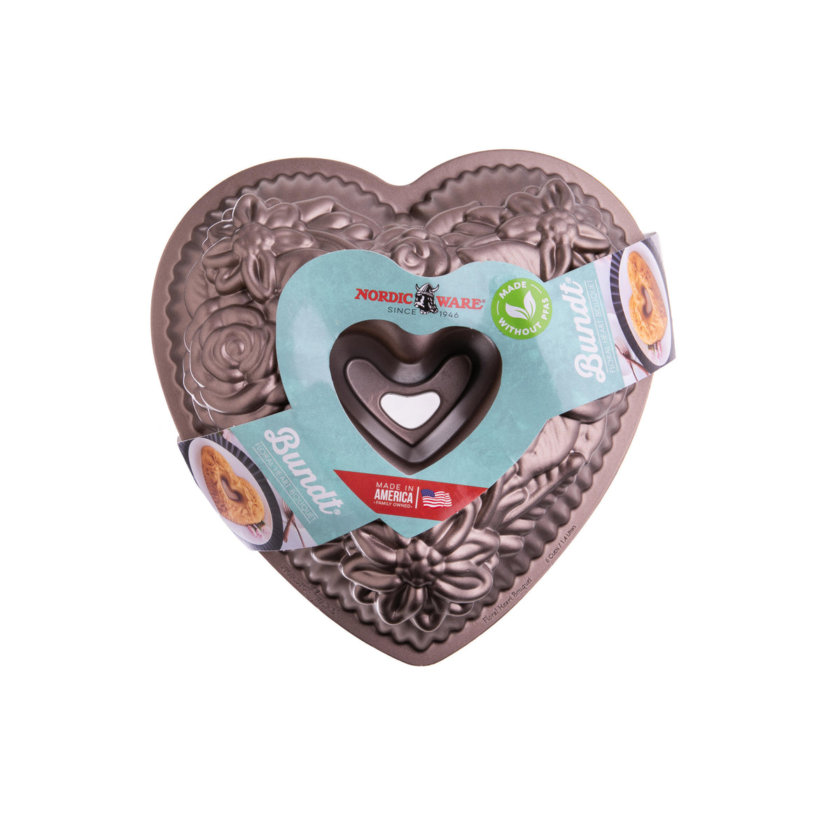 Heart shaped floral bundt baking pan on a white background.