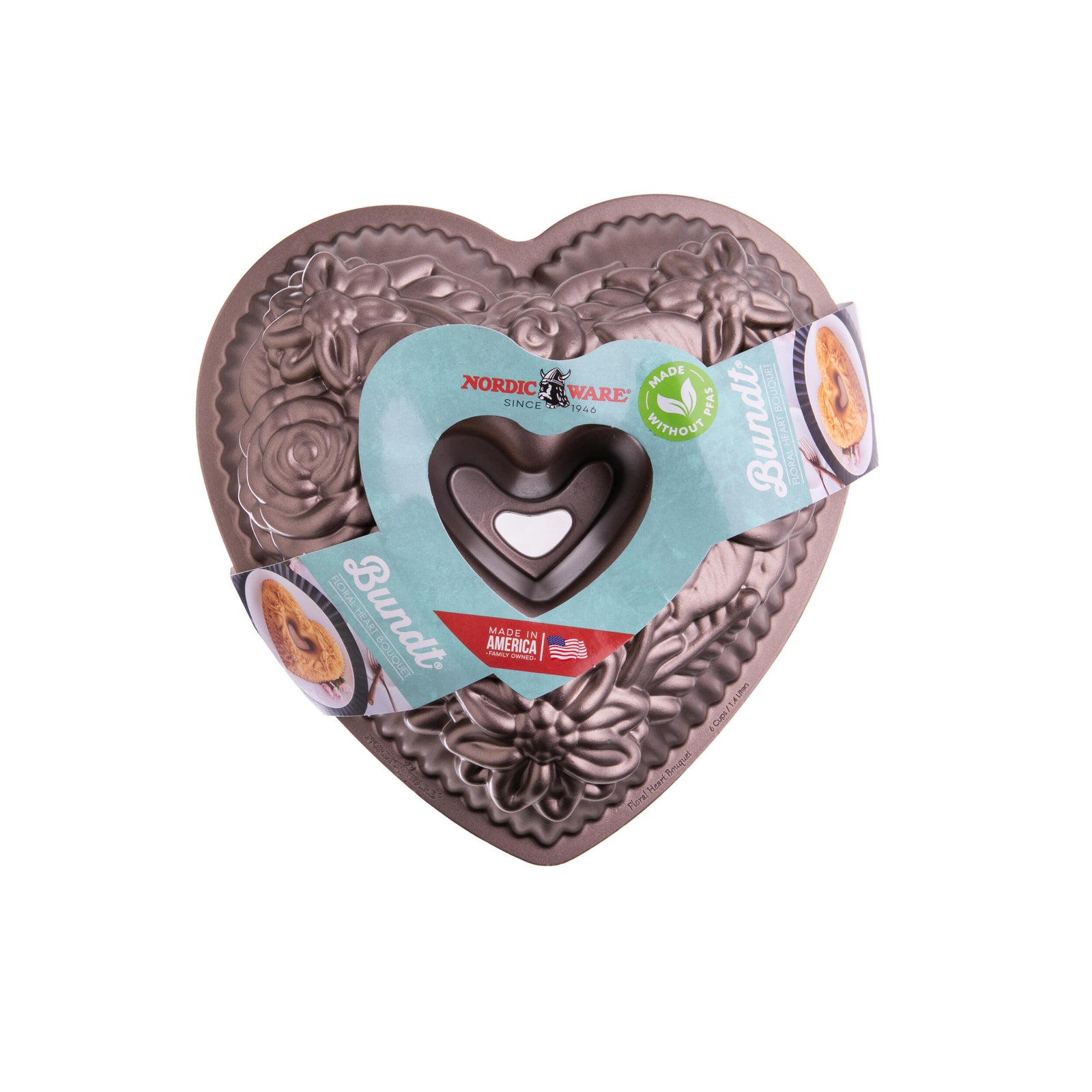 Heart shaped floral bundt baking pan on a white background.