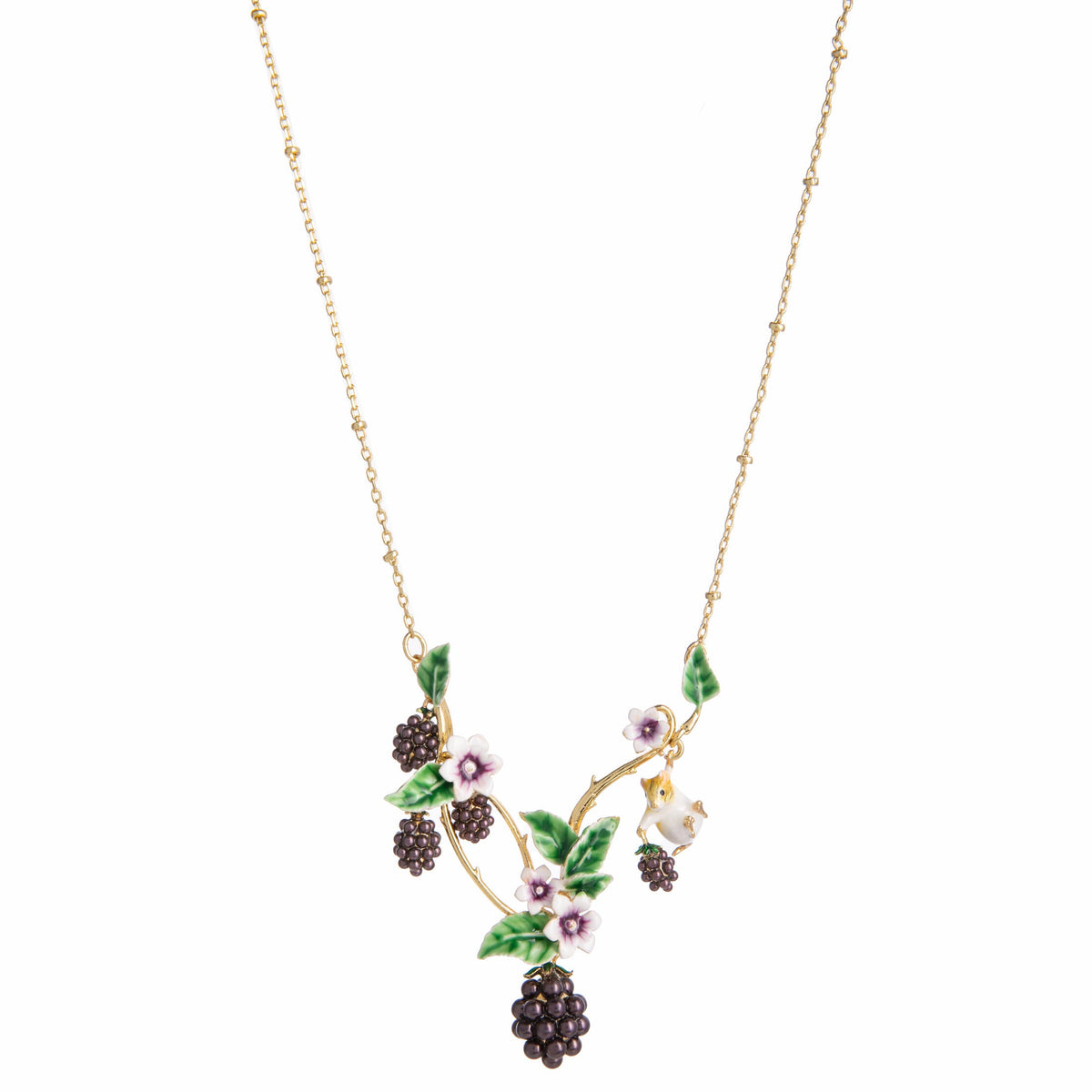 Delicate necklace with flowers, a mouse and blackberries on a gold chain, with a white background