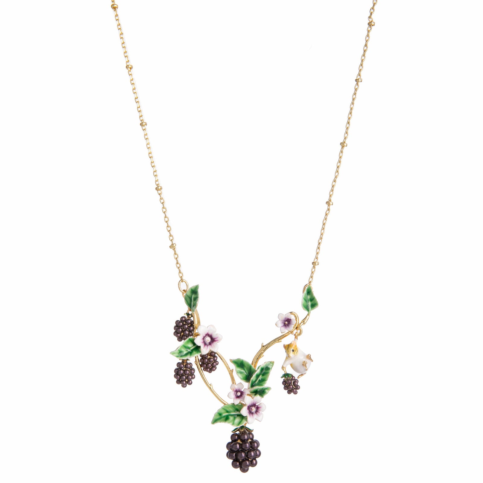 Delicate necklace with flowers, a mouse and blackberries on a gold chain, with a white background