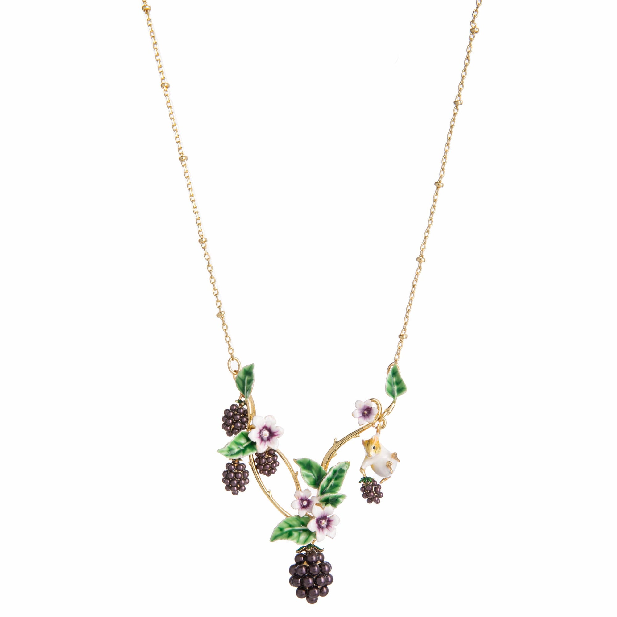 Delicate necklace with flowers, a mouse and blackberries on a gold chain, with a white background