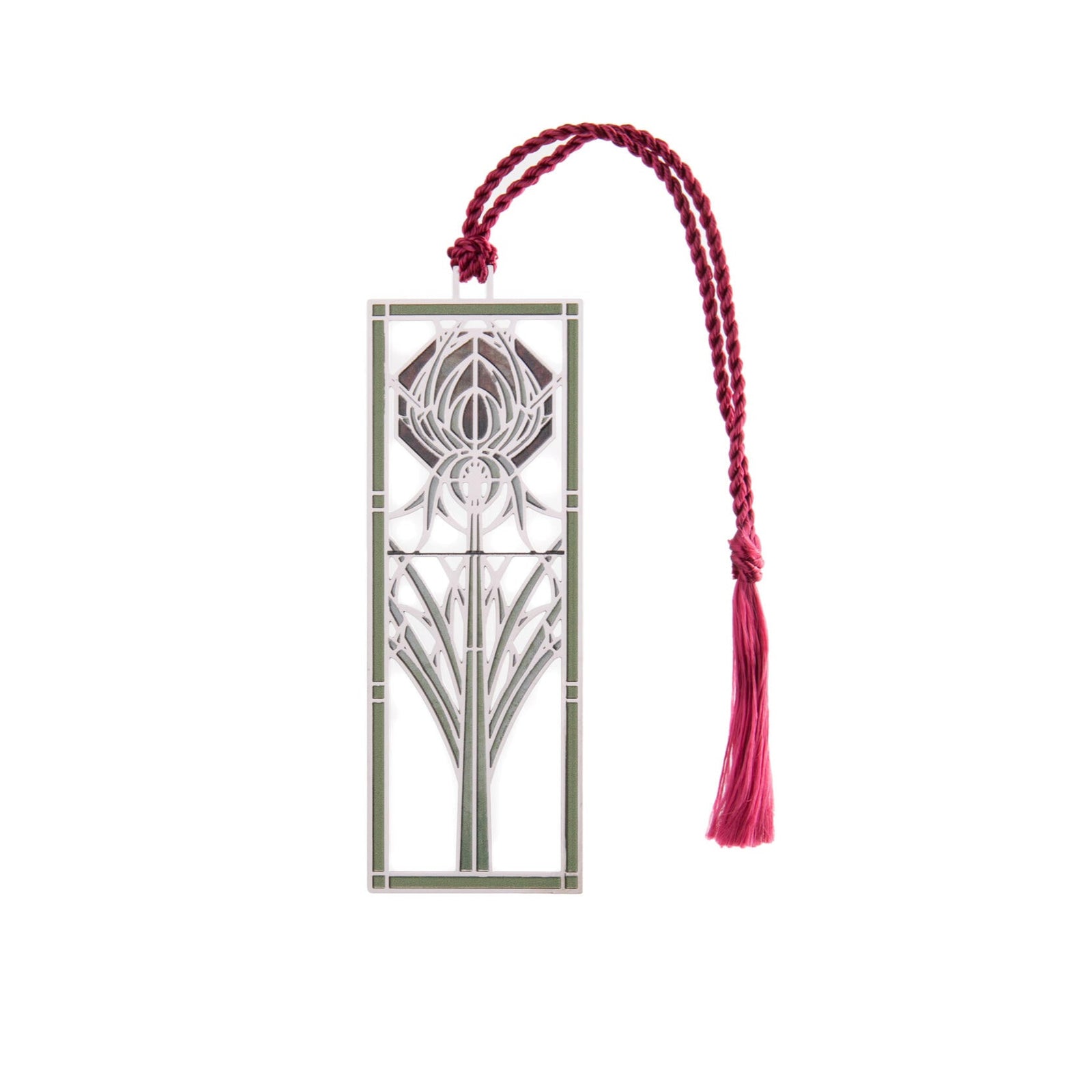 This pretty metal bookmark is inspired by the window installed in The Huntington's Virginia Steele Scott Galleries of American Art, which George Washington Maher and Louis Millet designed. For the James Patten House of 1901, Maher chose a thistle motif, which he used in numerous variations, juxtaposed with geometric figures, throughout the house. 
