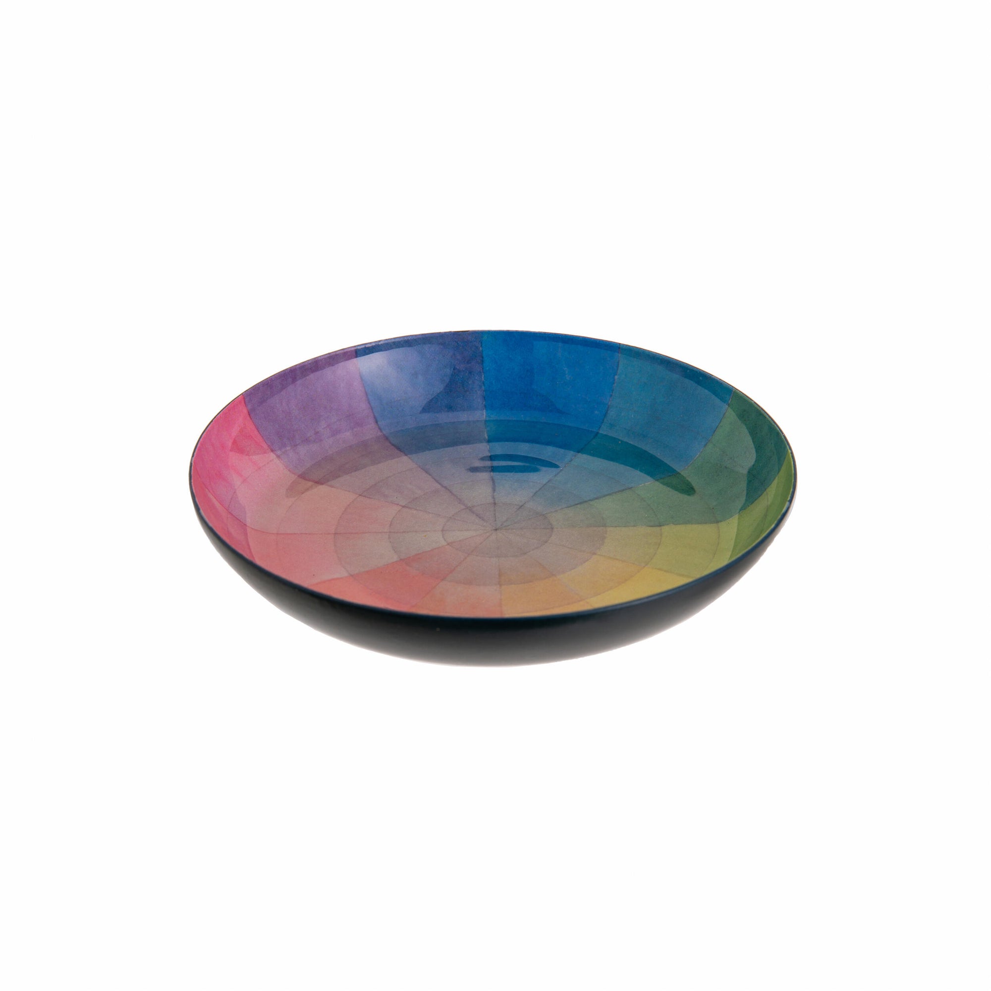 This decorative Vintage Color Wheel Printed Enamel Tray will bring instant personality into your home. Featuring artwork reproduced from Philipp Otto Runge's studies into color theory first published in 1810. Perfect for holding coins, jewelry, keys and other small trinkets. Materials: Metal, enamel Dimensions: 4" x 0.75" Handcrafted * Due to the nature of the handcrafted production process, please expect some variation in the final product
