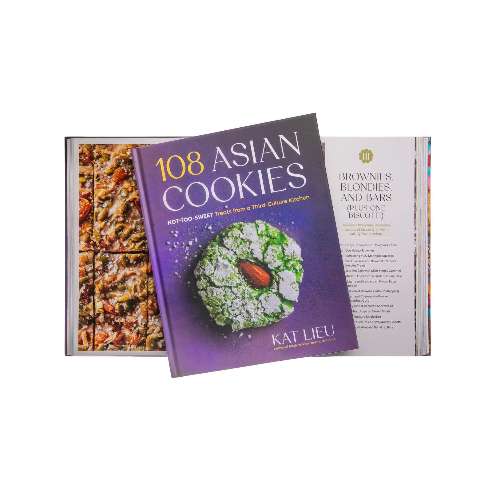 Book titled '108 Asian Cookies' by Kat Lieu on a white background