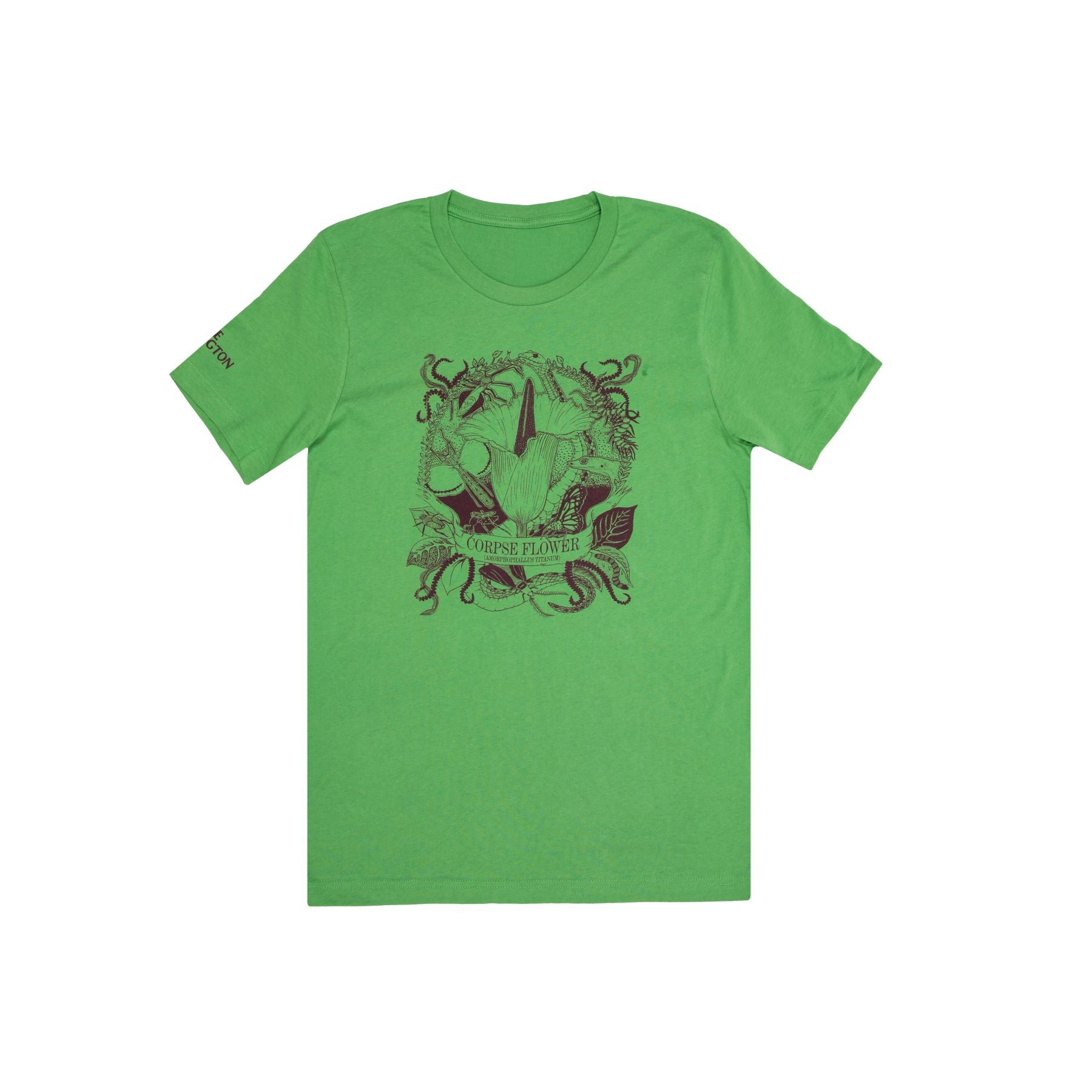 Designed by UK artist, Candy Joyce, this graphic tee celebrates the Corpse Flower blooms at The Huntington. Unisex. 100% cotton. Leaf green colored t-shirt with plum ink imprint.