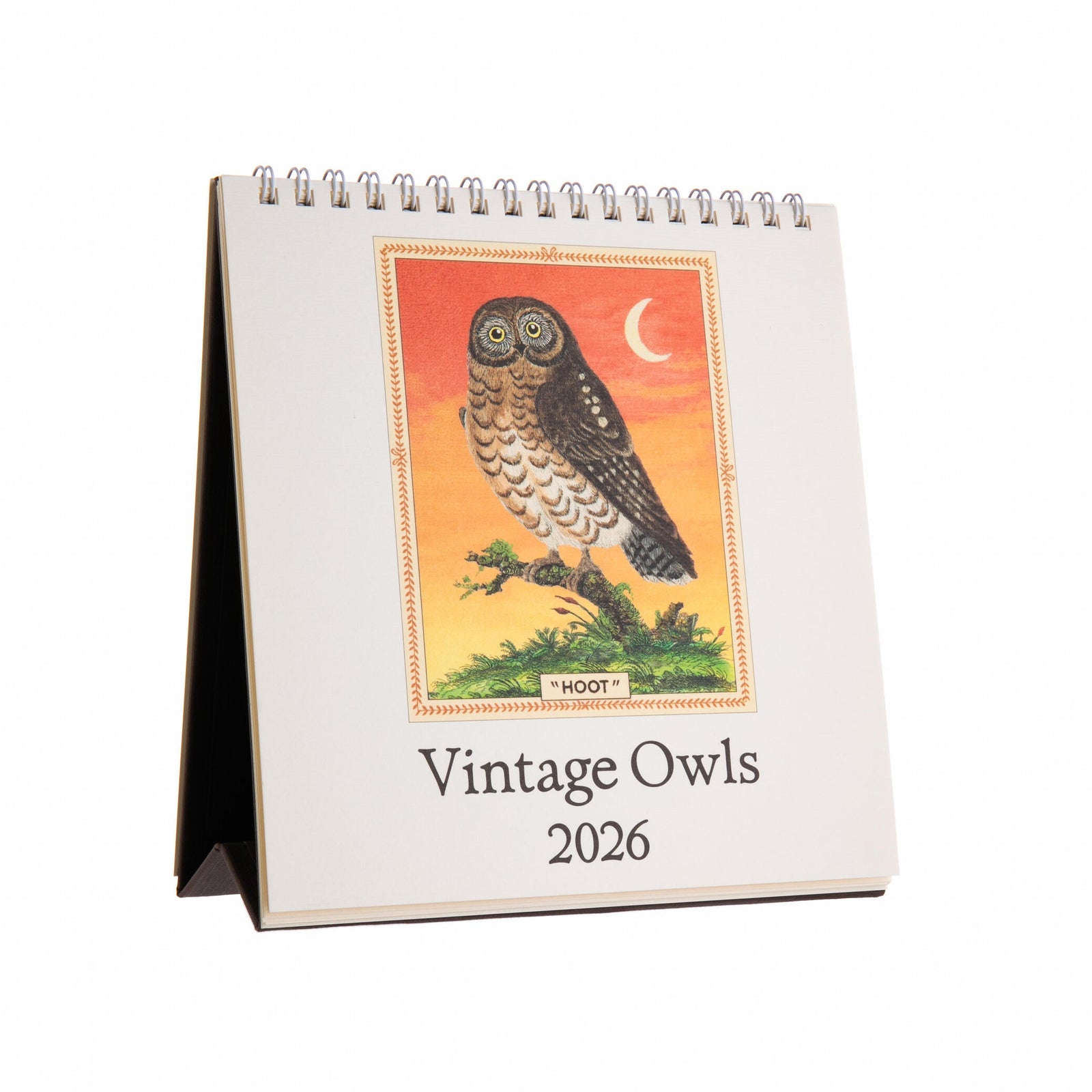 Desk calendar titled 'Vintage Owls 2026' with an owl illustration on a white background