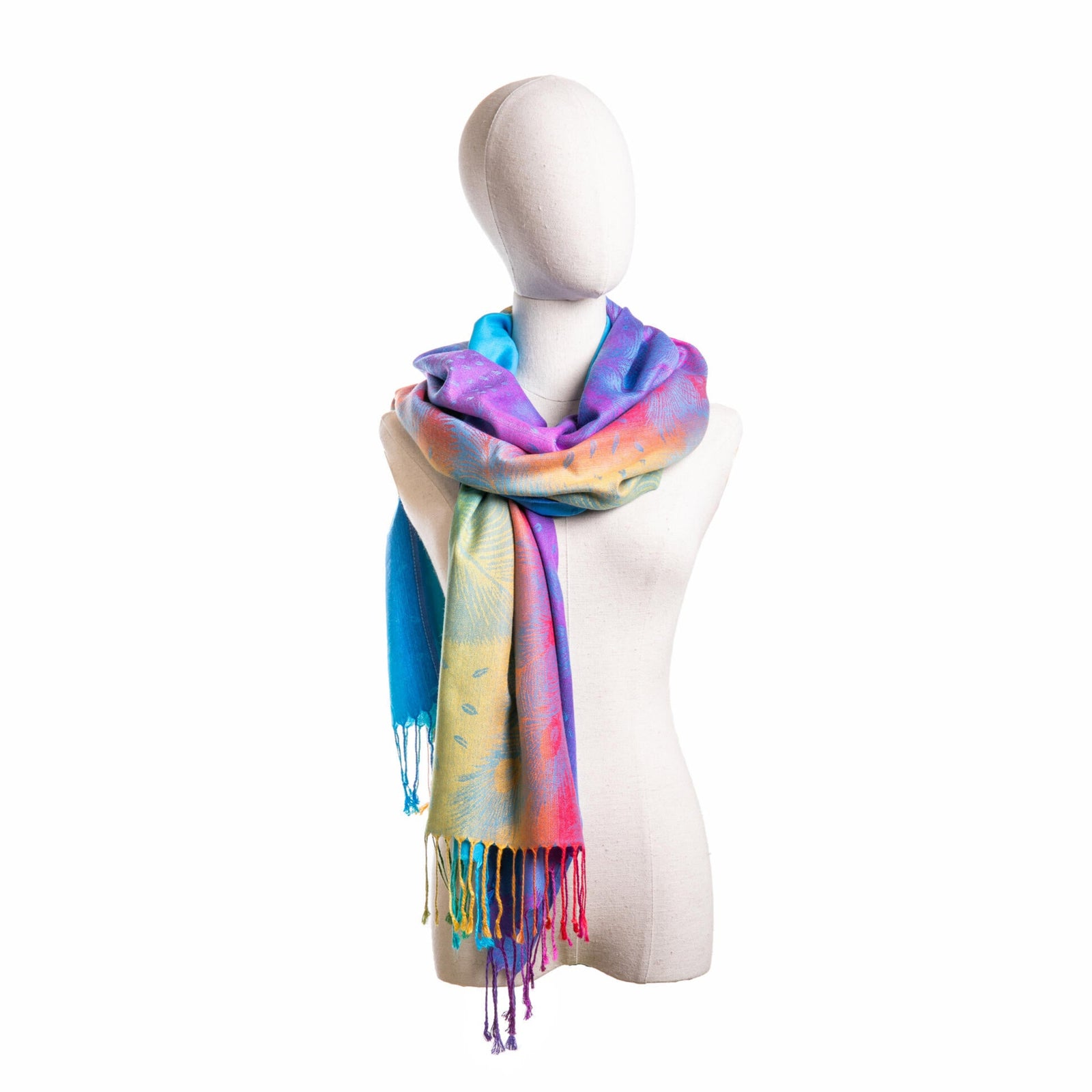 Mannequin wearing a colorful scarf on a white background