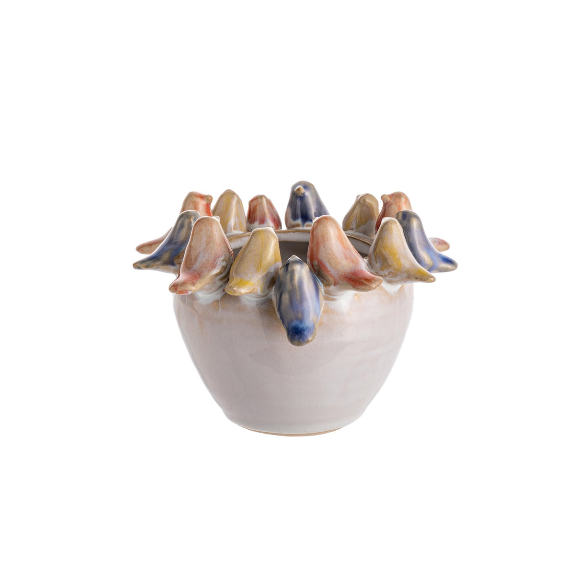 Ceramic bowl with colorful lip designs on a white background