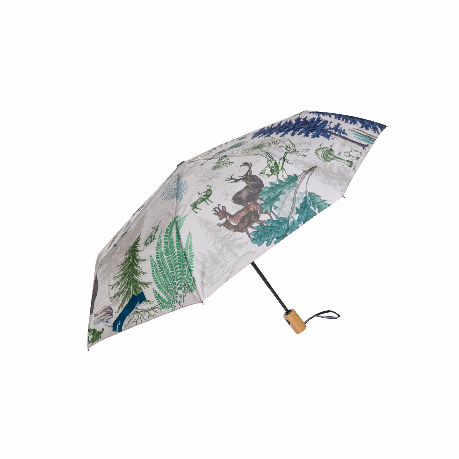 Umbrella with nature-themed design on a white background