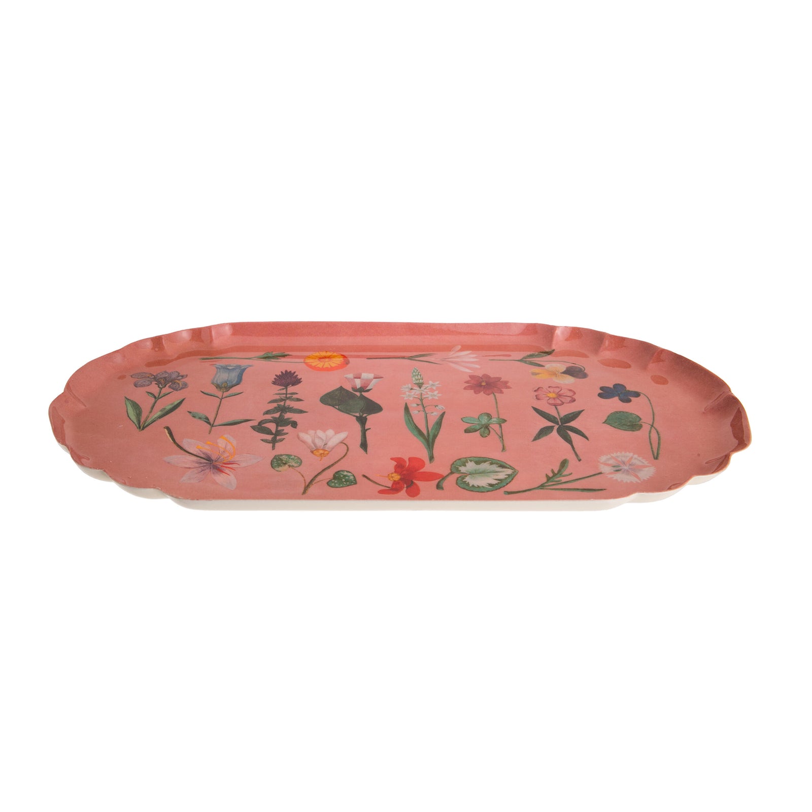 Pink tray with floral designs on a white background