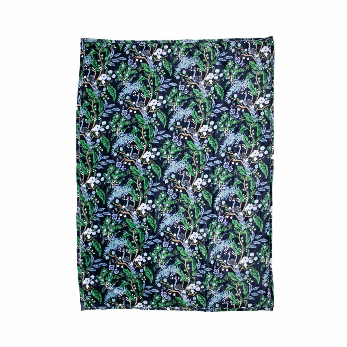 Midnight blue fleece blanket with a peacock and floral print on a white background