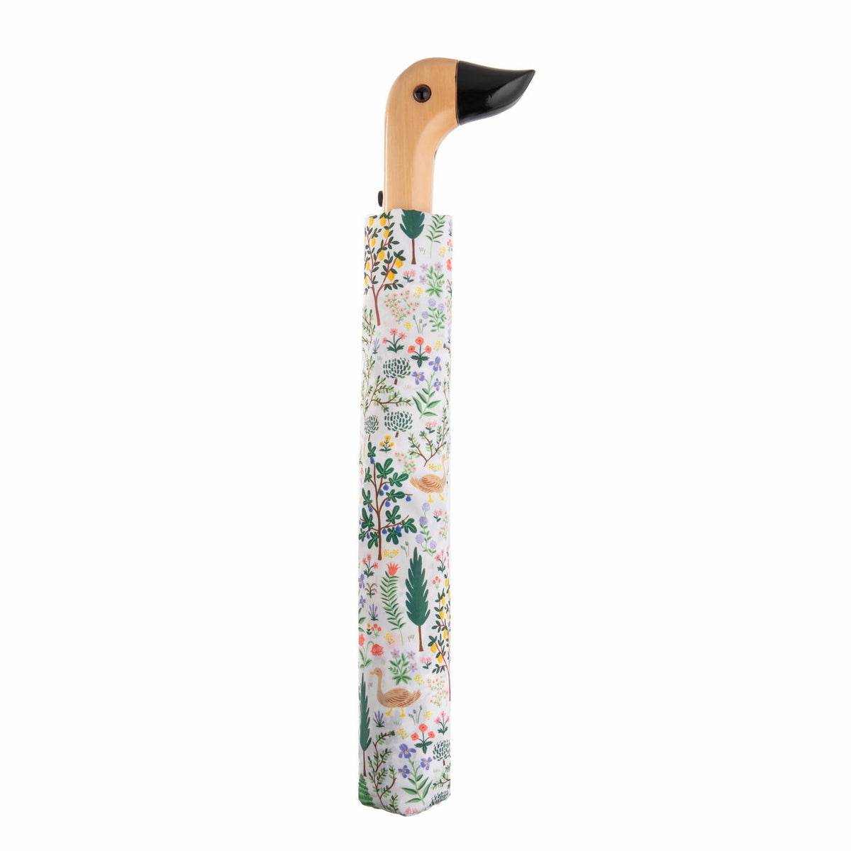 Folded umbrella with a colorful botanical print and a duck-shaped handle on a white background