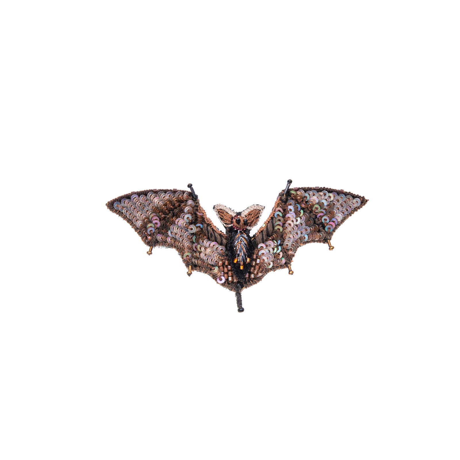 A sparkly, hand-made bat brooch with intricate beading and embroidery on a cotton and felt base, displayed against a white background.