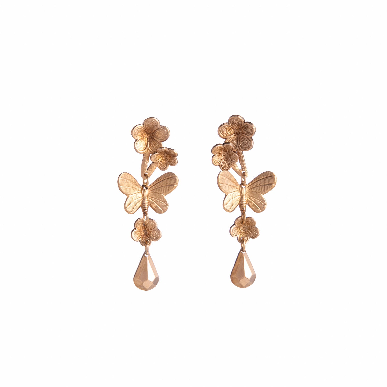 These delightful gold dangle earrings feature enchanting butterfly and blossom designs, perfect for adding a spring touch to any look!