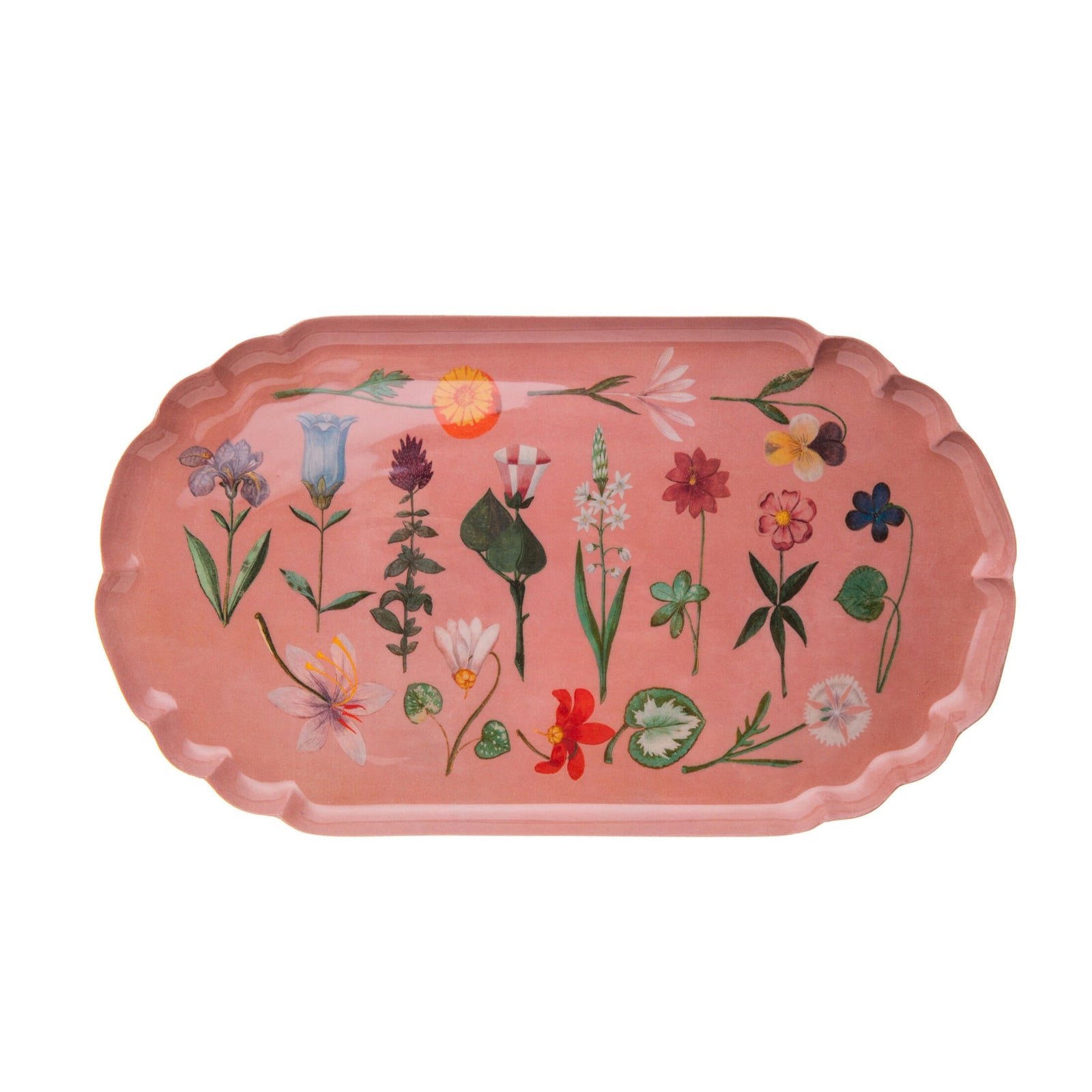 Pink tray with floral designs on a white background