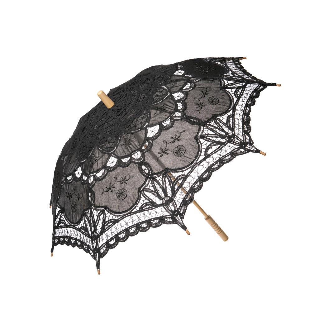 Keep the sun's rays at bay but make it spooky! Channel your inner Wednesday Adams with this black parasol which is made from jet black cotton lace to keep you stylishly sunburn-free when walking around our gardens, shopping, hanging around graveyards, and more! Wooden handle, metal spokes Diameter when open: 30".