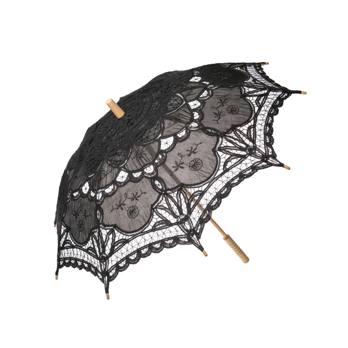 Keep the sun&#39;s rays at bay but make it spooky! Channel your inner Wednesday Adams with this black parasol which is made from jet black cotton lace to keep you stylishly sunburn-free when walking around our gardens, shopping, hanging around graveyards, and more! Wooden handle, metal spokes Diameter when open: 30&quot;.
