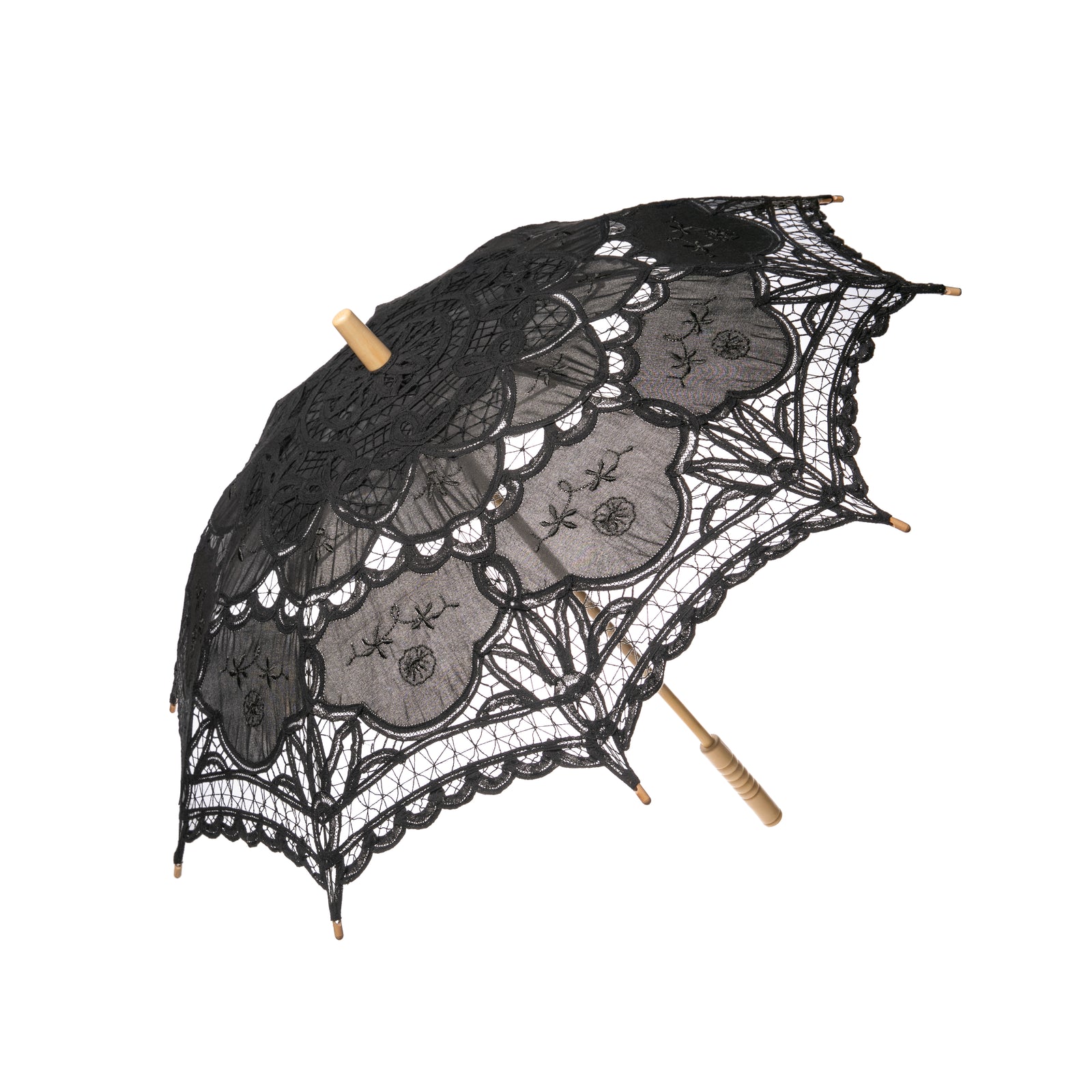 A black cotton lace parasol with a wooden handle and metal spokes, featuring a floral pattern.