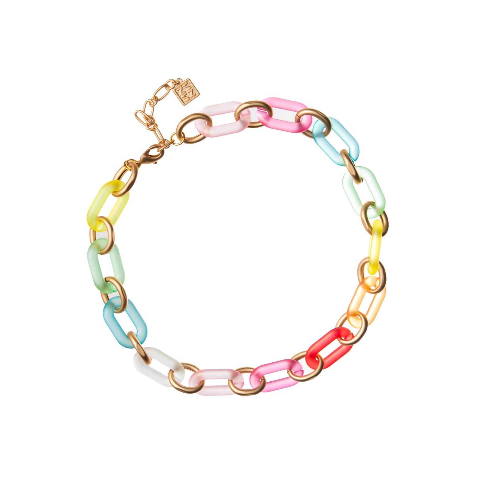 This delightful, lightweight chain link necklace will add a splash of joy to both everyday and special occasion outfits. The large links have a slightly iridescent finish, complemented by smaller, matte gold links, which both catch the light beautifully, making this necklace an elegant yet eye-catching piece