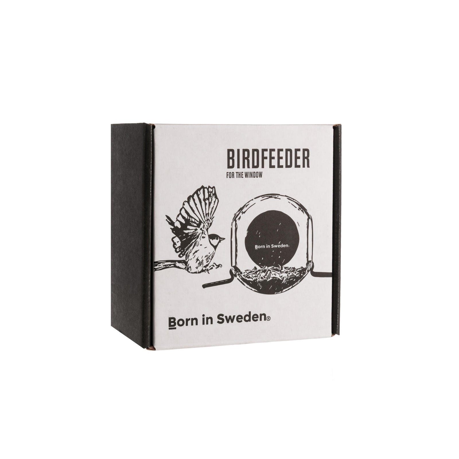 Box for a birdfeeder with illustrations and text on a white background