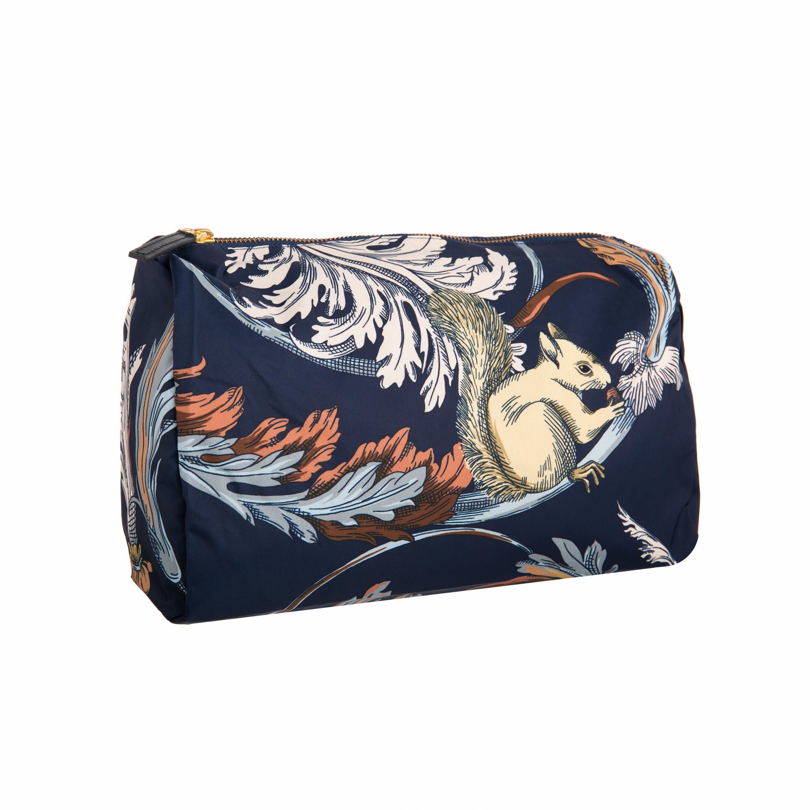 Navy blue pouch with squirrel and floral design on a white background