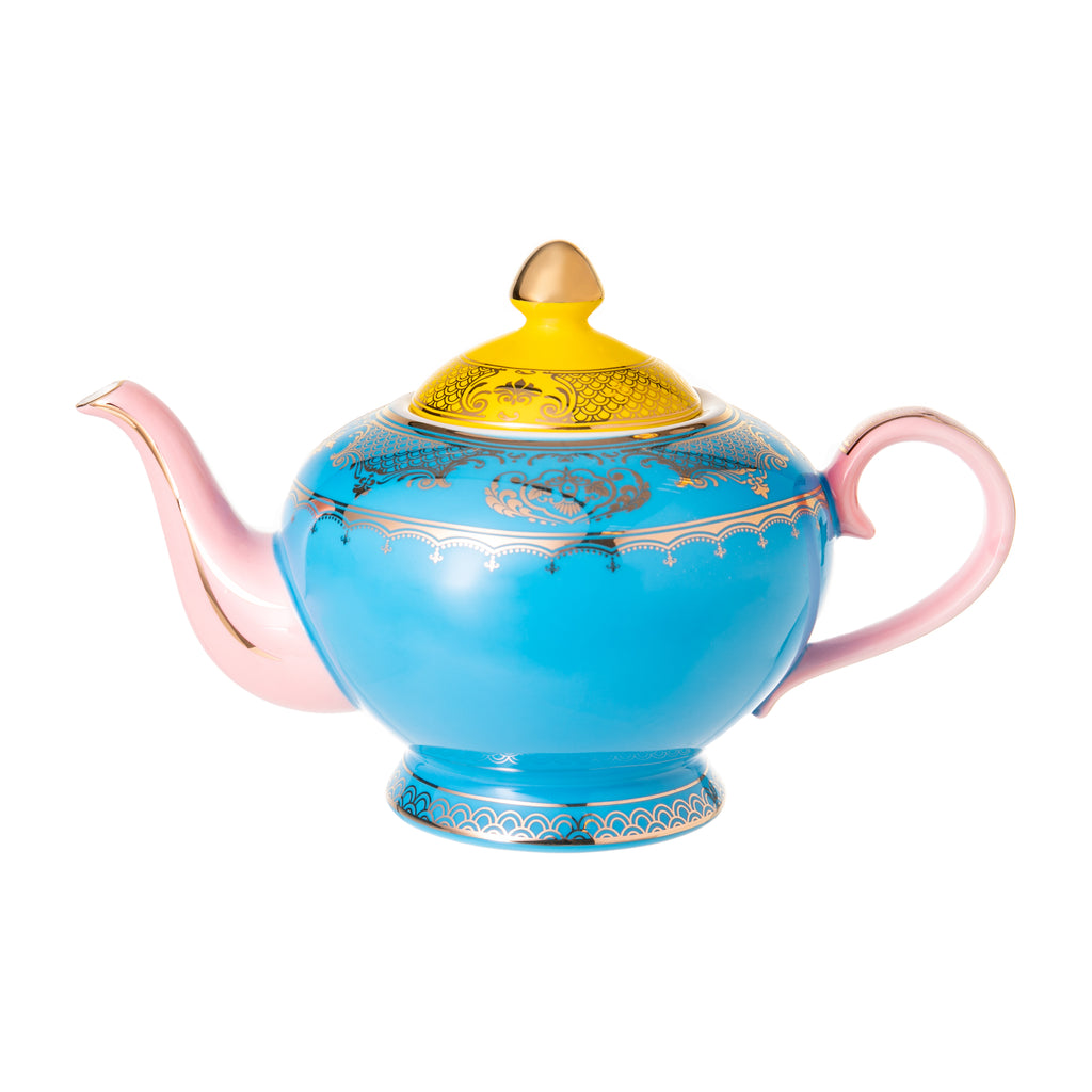 Inspired by antique teapots, this ornate and colorful pot is reminiscent of something your grandpa may have used. Elegant and eye-catching, you will want to organize a tea-party, just for the excuse to use it. Material: Glazed new bone China porcelain with gold accents Capacity: 23 oz. Dimensions: 9.6" x 5.8" x 5.7".