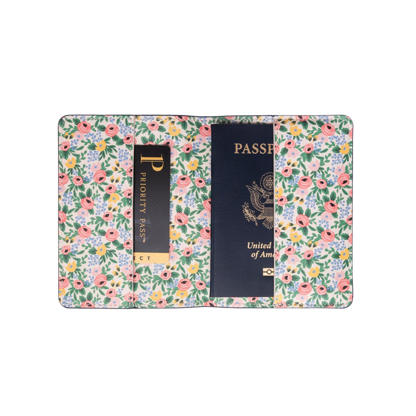 Featuring a pretty floral print and metallic gold accents, this 'Rosa' passport holder is the perfect, stylish companion for any upcoming adventures. Material: textured PU Dimensions: 4.25" × 5.5" L× 0.75" - sized to fit all standard passports Wipe clean
