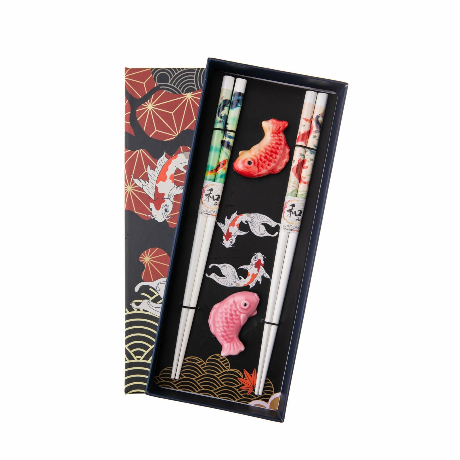 This joyful chopstick set contains two sets of chopsticks, beautifully decorated with Koi fish, swirling around azure waters. The set also contains two ceramic Koi chopstick rests, one orange, and one pink. This boxed set is sure to instill a sense of serenity, whenever it is used. 