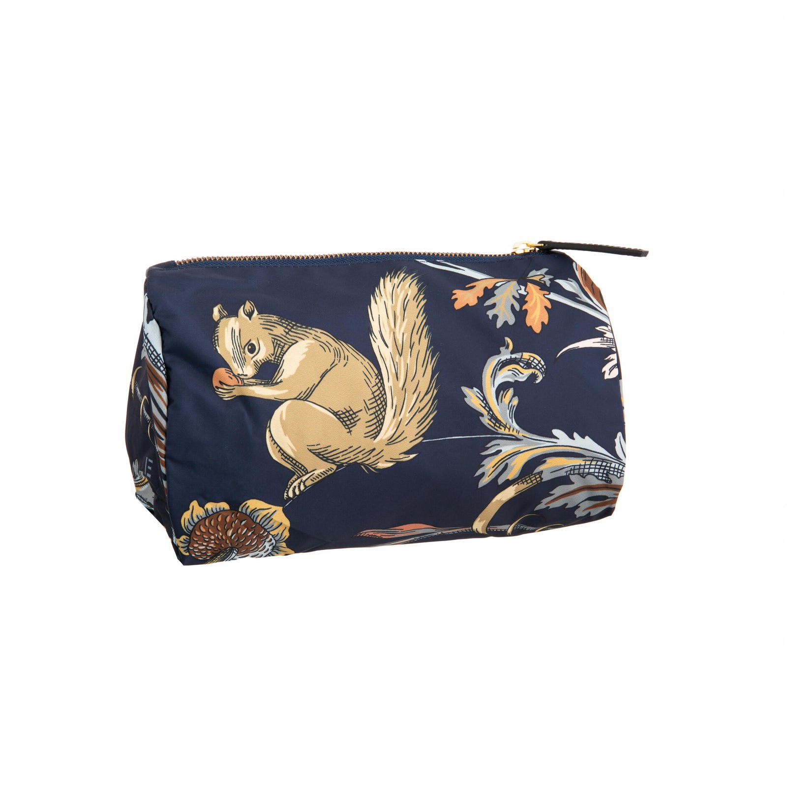 Navy blue pouch with squirrel and floral design on a white background