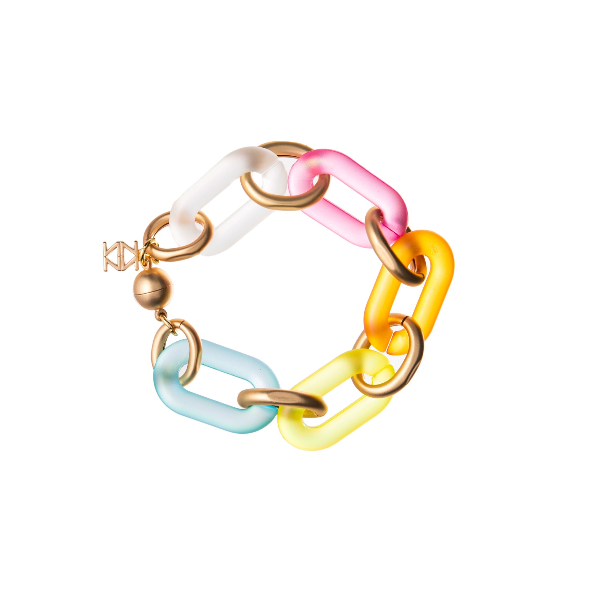 This delightful, lightweight chain link bracelet will add a splash of joy to both everyday, and special occasion outfits. The large links have a slightly iridescent finish, complemented by smaller, matte gold links. Both catch the light beautifully, making this bracelet an elegant yet eye-catching piece.
