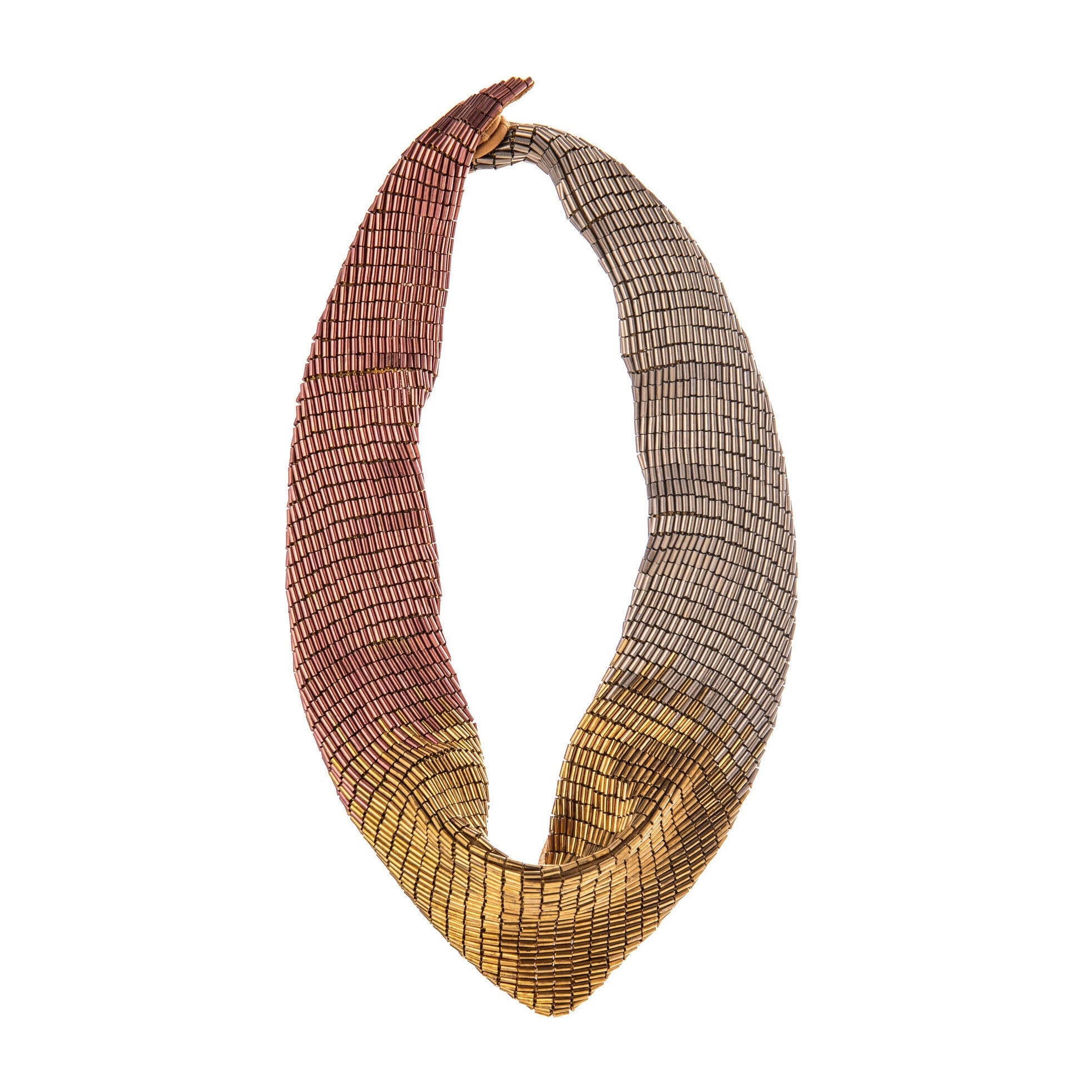 Rose gold beaded scarf necklace by Mignonne Gavigan on a white background