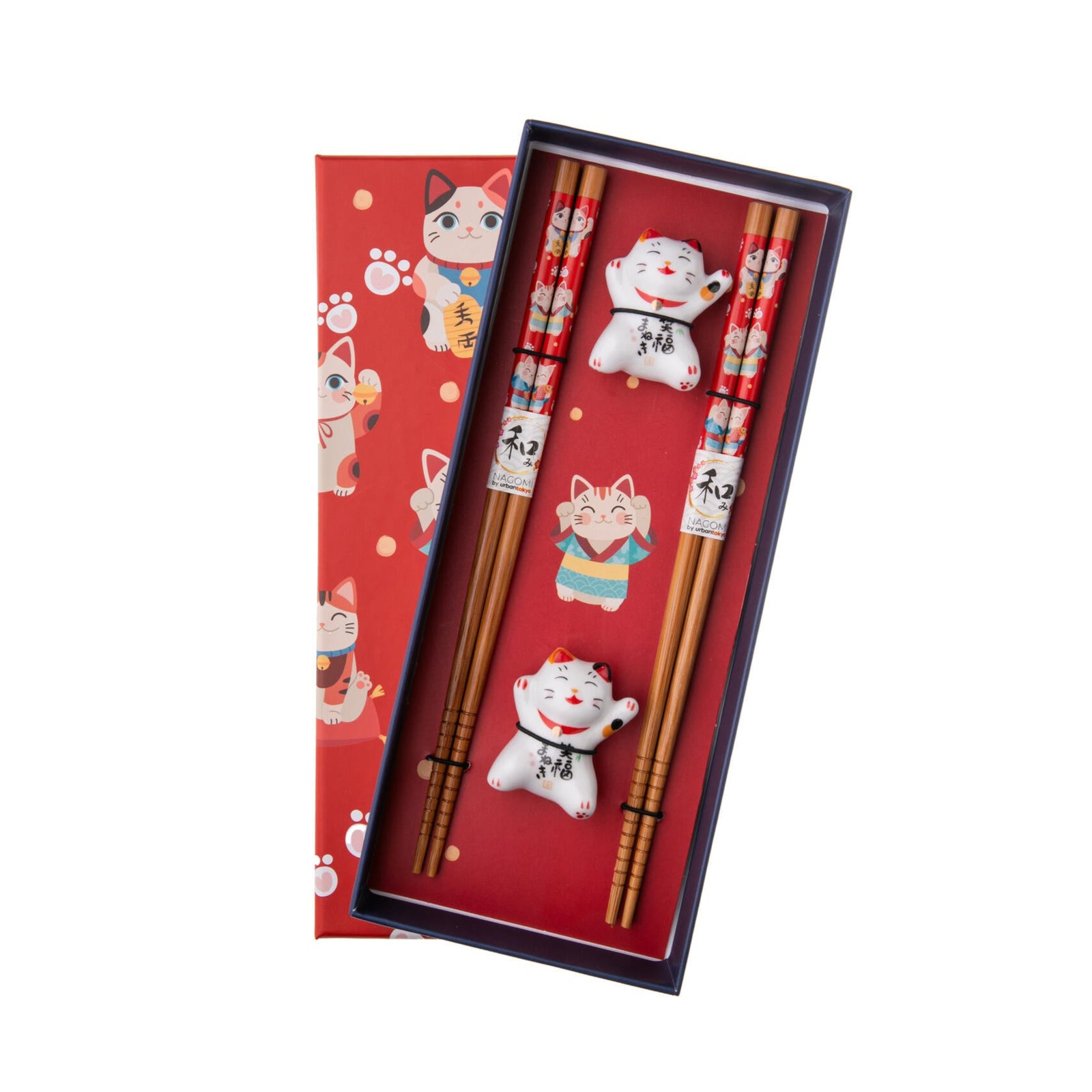 This delightfully lucky chopstick set contains two sets of chopsticks, beautifully decorated with smiling, lucky cats. The set also contains two ceramic lucky cat chopstick rests. This boxed set is sure to raise a smile, whenever it is used.