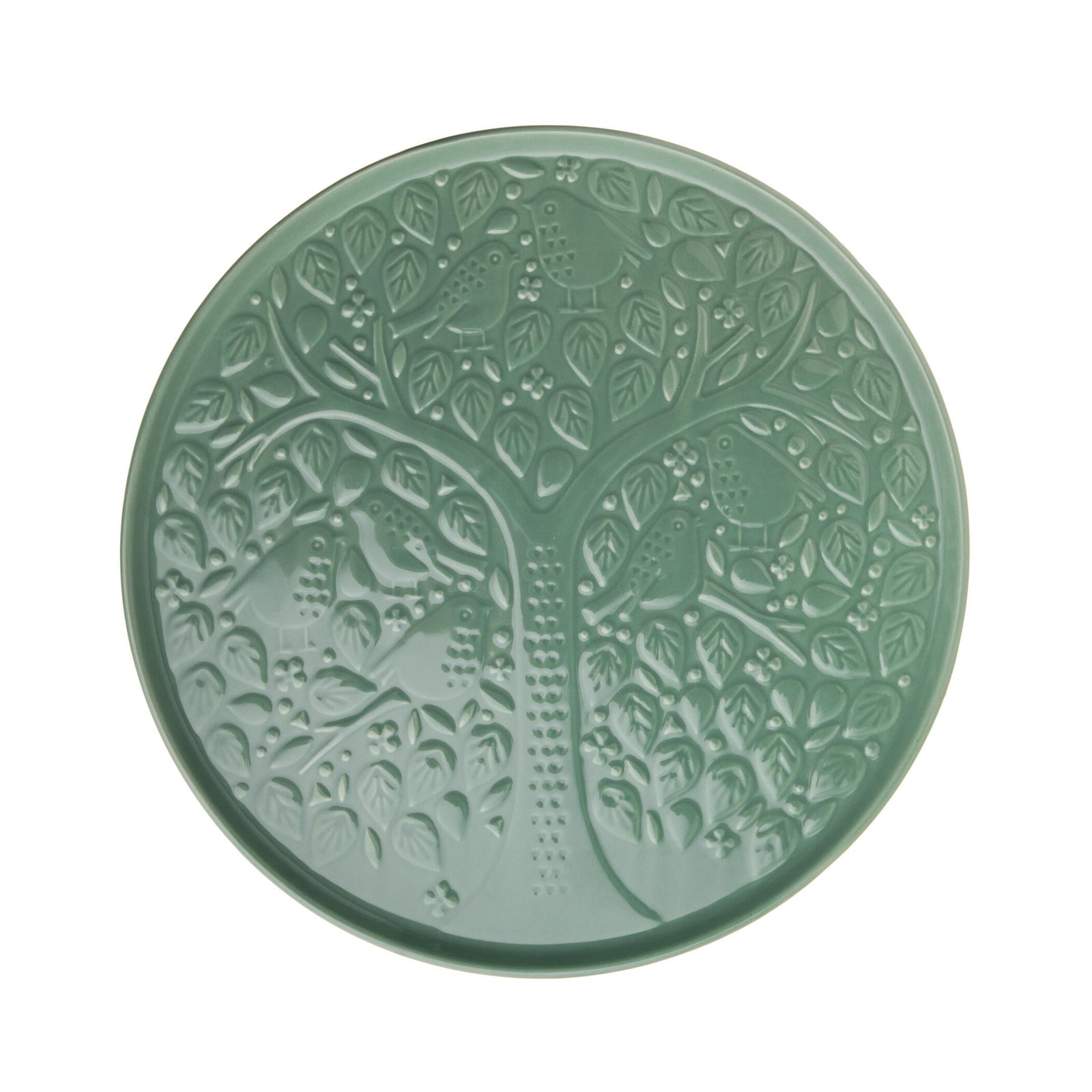 Green ceramic plate with embossed design on a white background