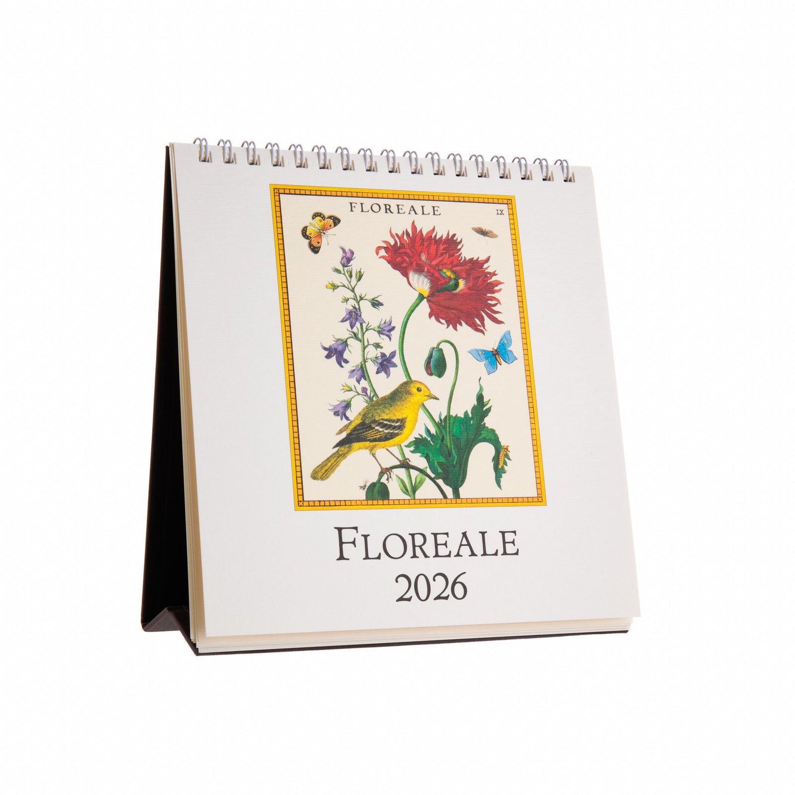 Floreale 2026 desk calendar with floral and bird design on a white background