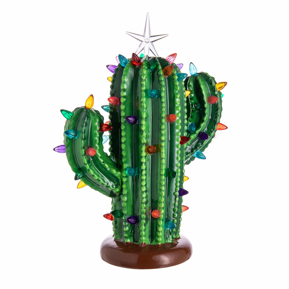 Ceramic saguaro cactus with Christmas tree-like colorful LED lights and a star on top, on a white background.  