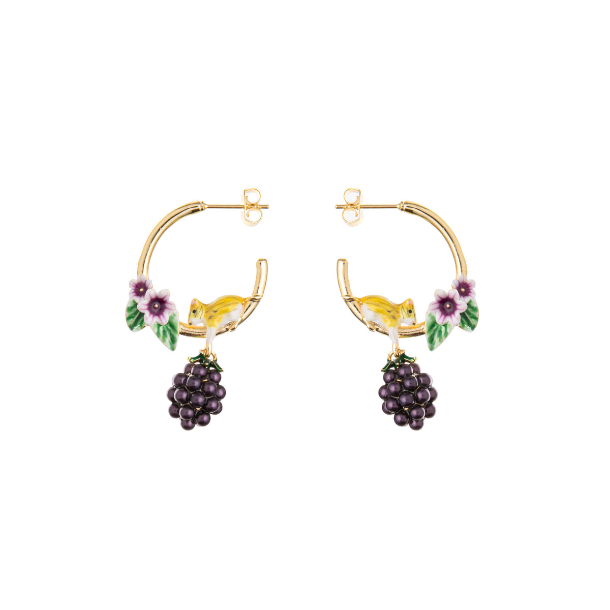 Gold hoop earrings with a mouse, grape and flower design on a white background