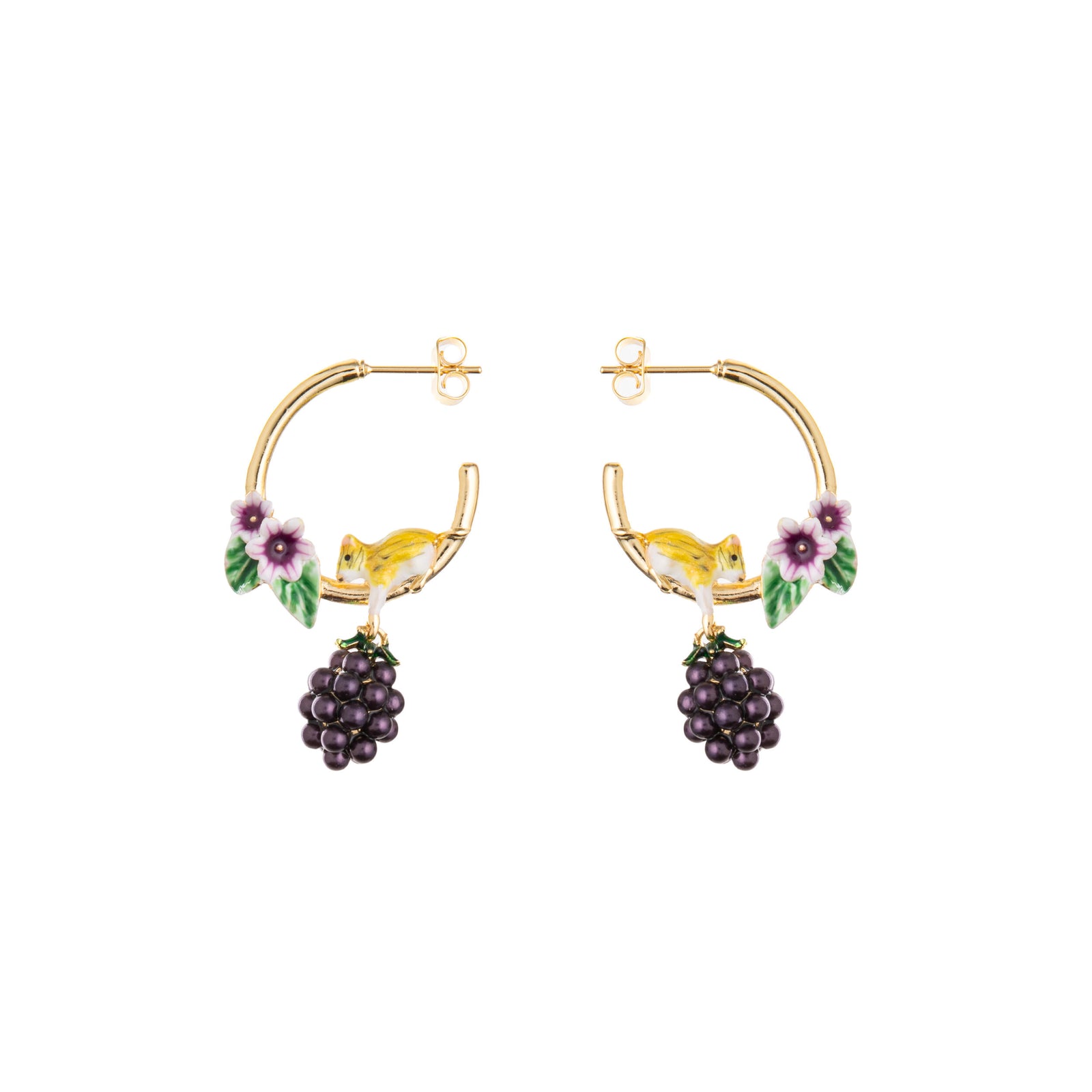 Gold hoop earrings with a mouse, grape and flower design on a white background