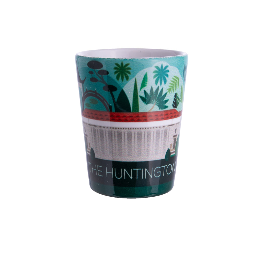 This unique shot glass features artwork created exclusively for The Huntington by graphic design company Max & Oscar. This beautiful design cleverly depicts our Library and Botanical gardens. Exclusive to The Huntington Store. Material: Ceramic Hand wash. Dimensions: 2.25" x 2".